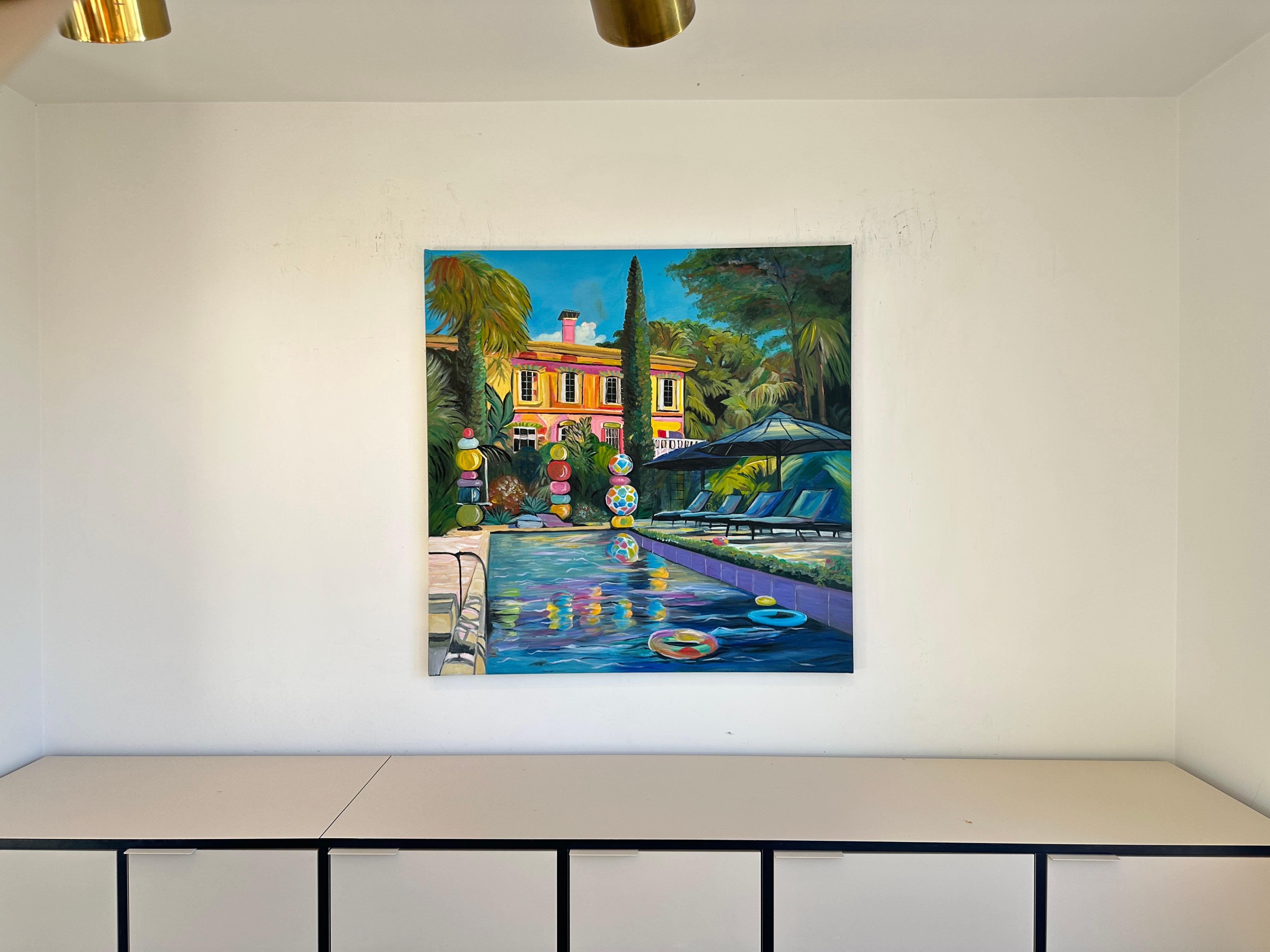 Embracing the Sun - Contemporary Architecture Pool House Oil Painting For Sale 8