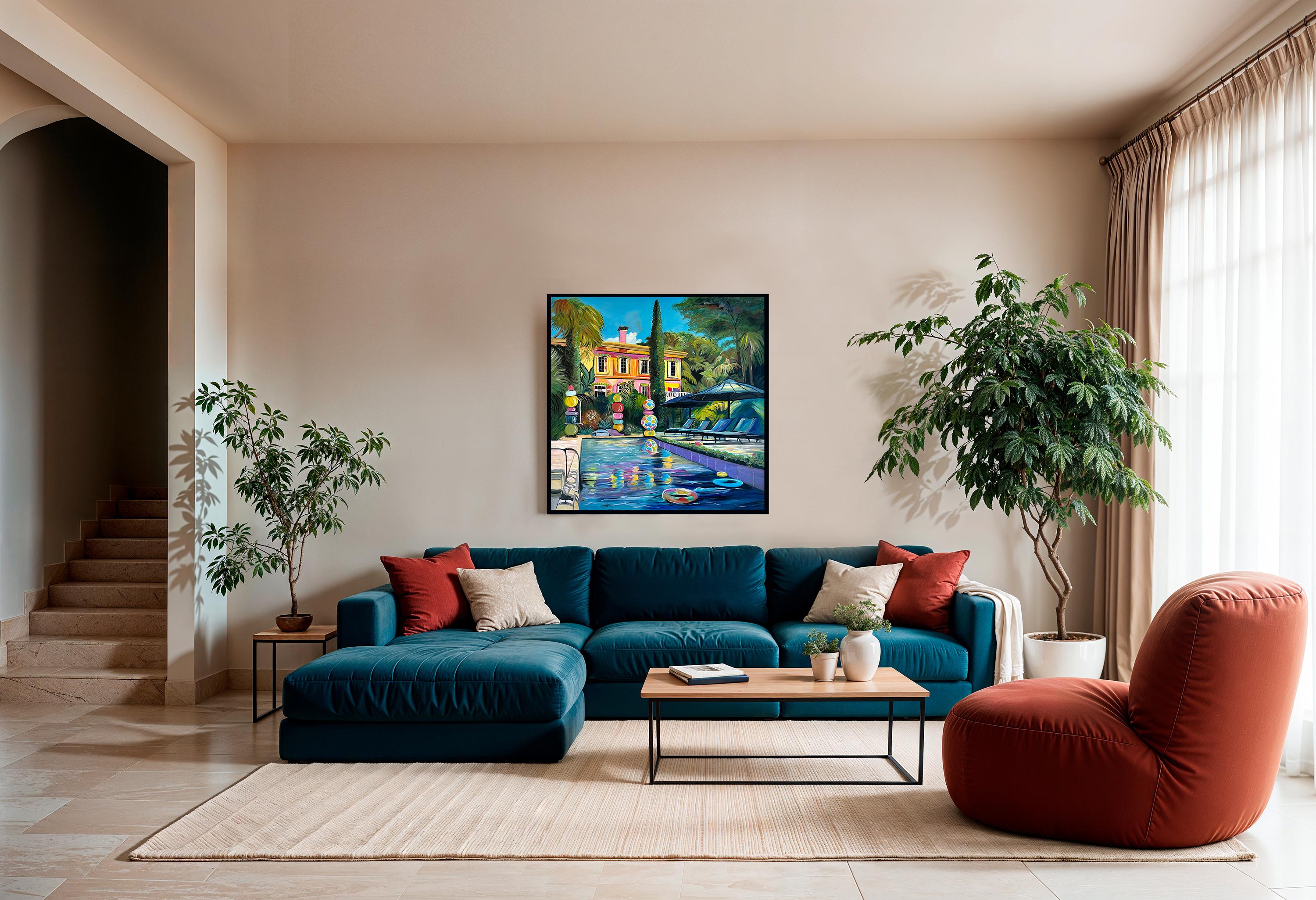 Embracing the Sun - Contemporary Architecture Pool House Oil Painting For Sale 9