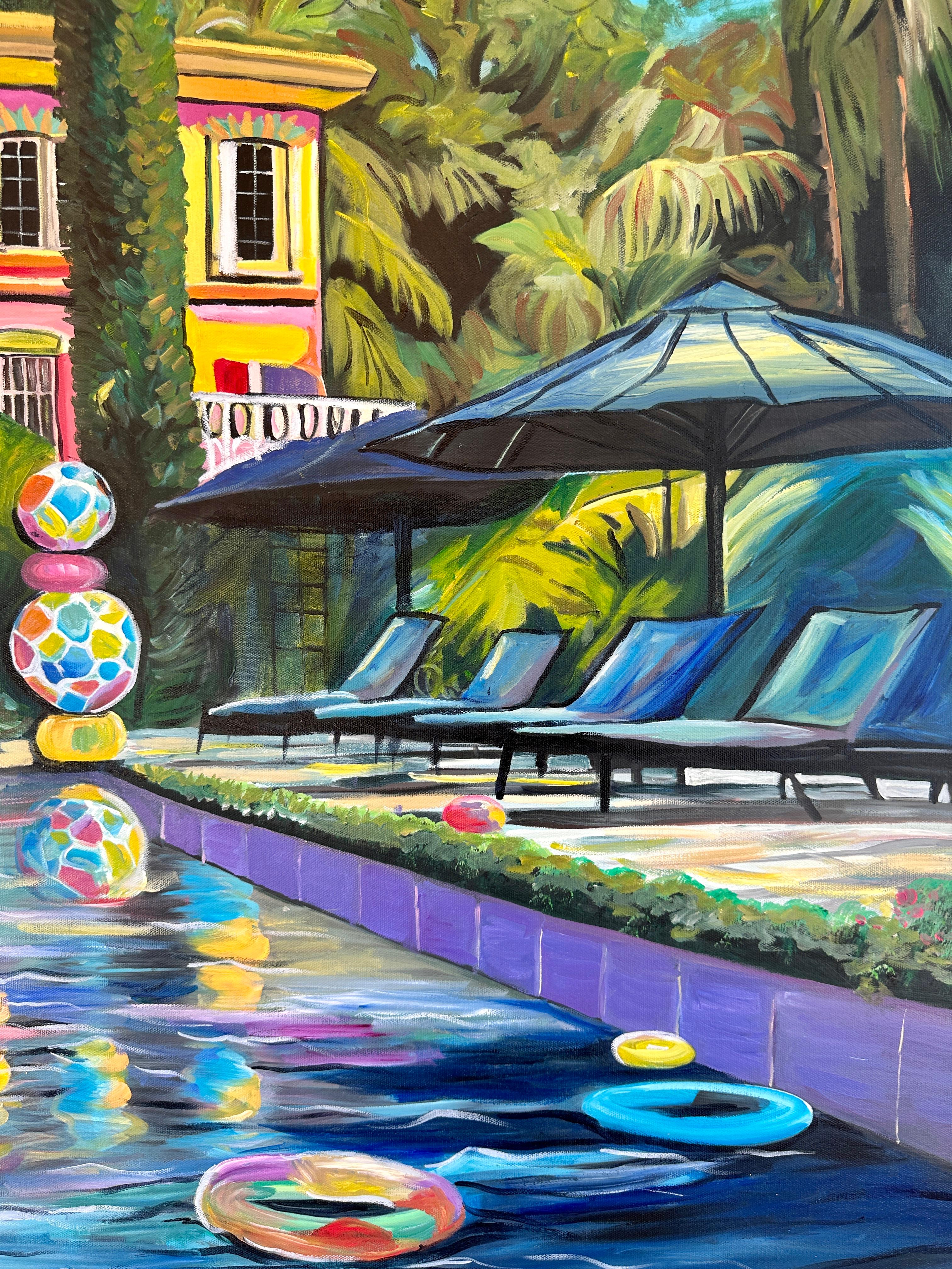 Embracing the Sun - Contemporary Architecture Pool House Oil Painting For Sale 1