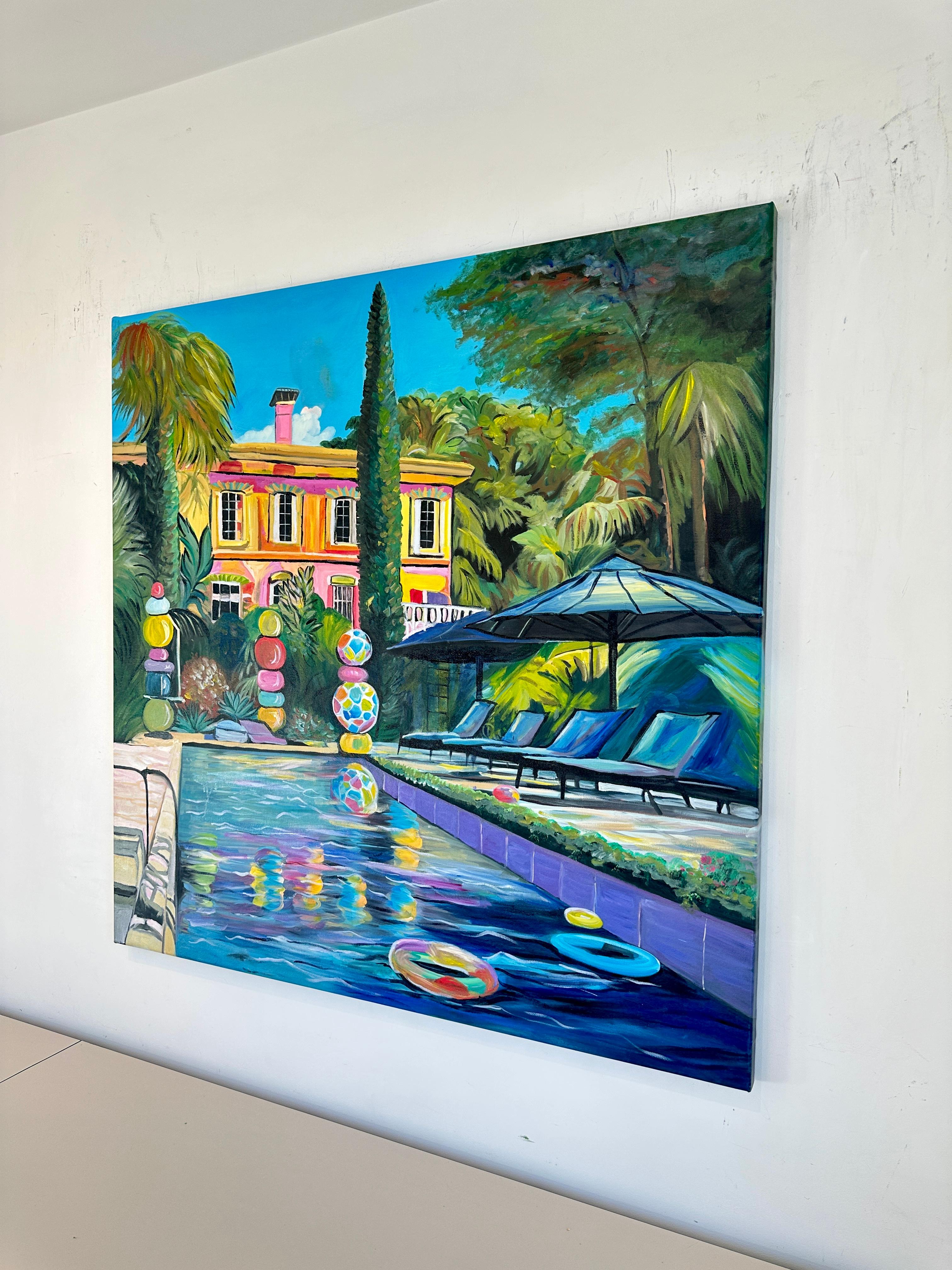Embracing the Sun - Contemporary Architecture Pool House Oil Painting For Sale 2