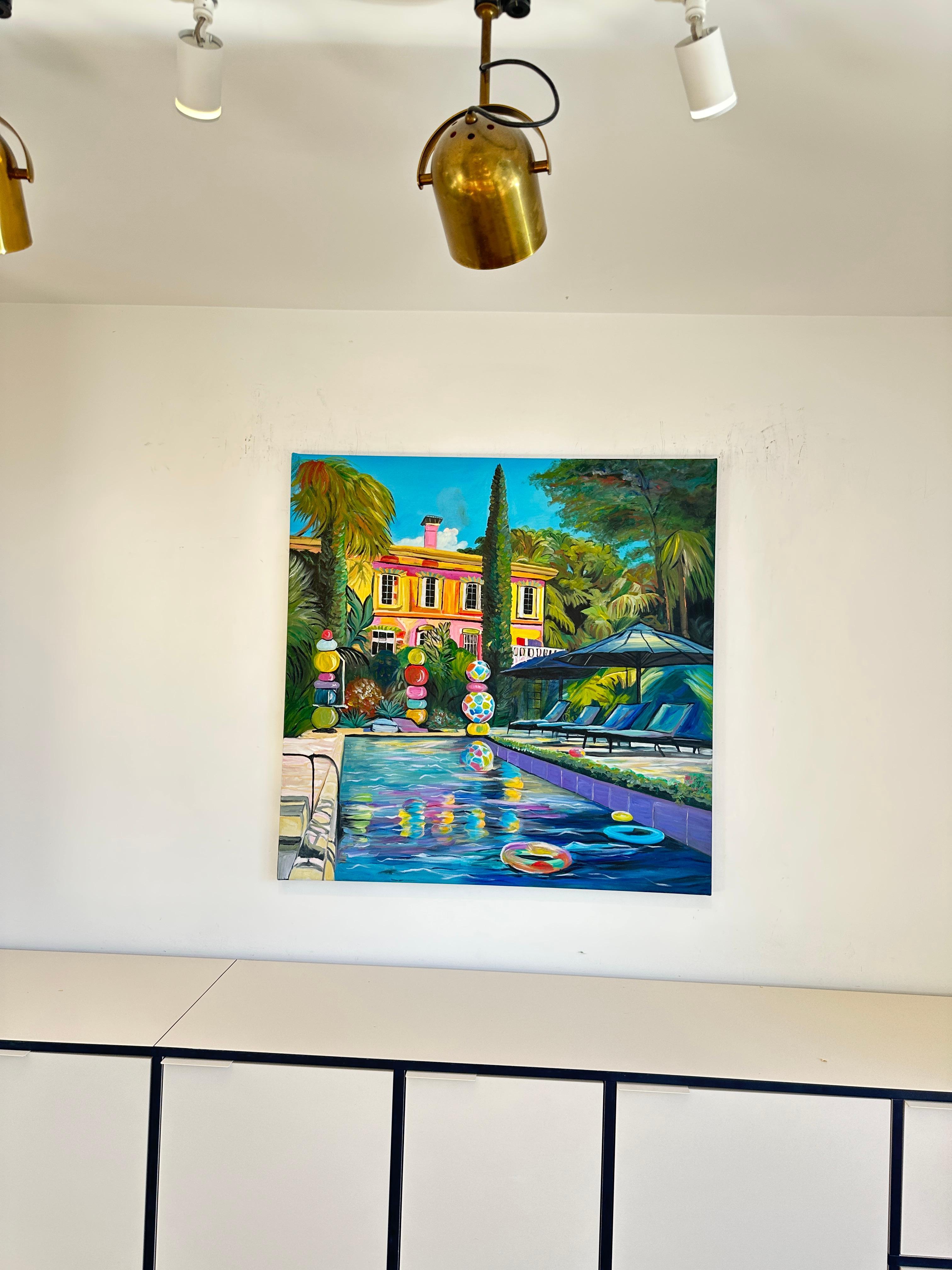 Embracing the Sun - Contemporary Architecture Pool House Oil Painting For Sale 4