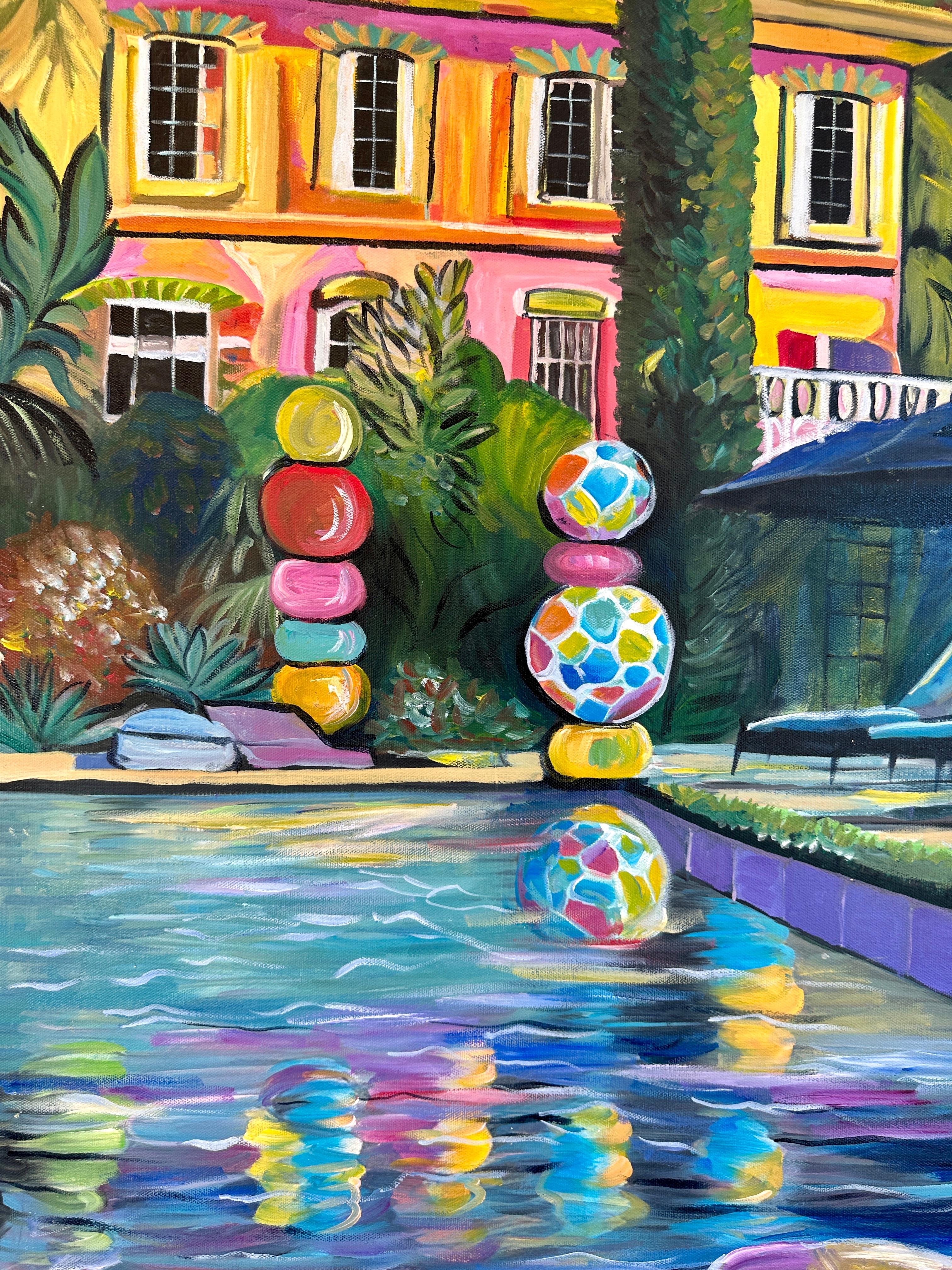 Embracing the Sun - Contemporary Architecture Pool House Oil Painting For Sale 5