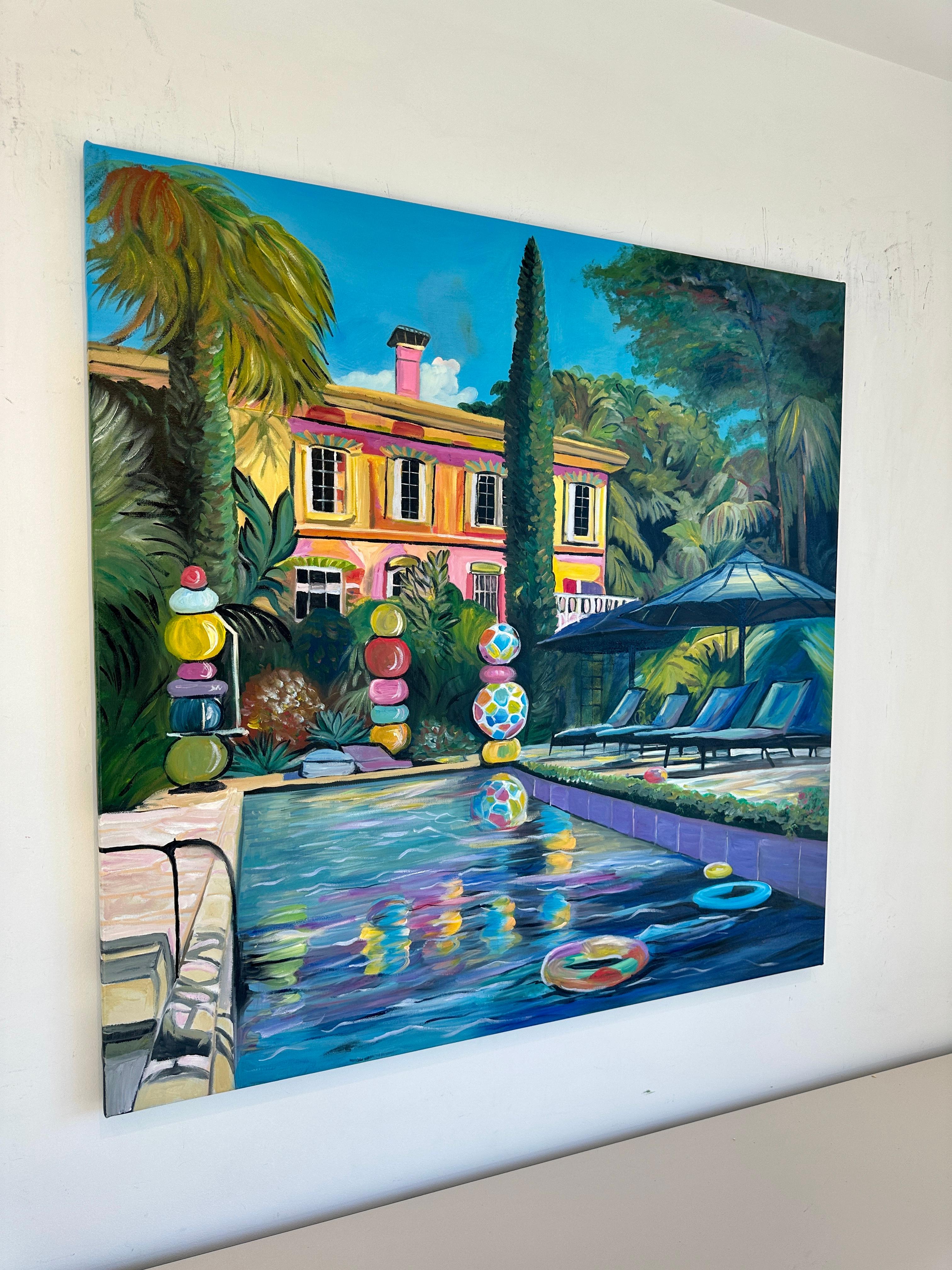 Embracing the Sun - Contemporary Architecture Pool House Oil Painting For Sale 6