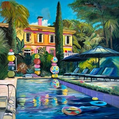 Embracing the Sun - Contemporary Architecture Pool House Oil Painting