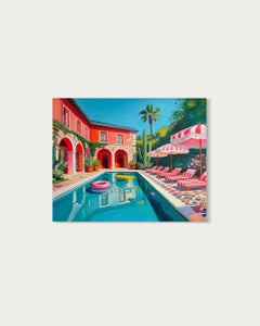 Galleggiando nell'amore - Dipinto a olio contemporaneo raffigurante una casa con piscina
