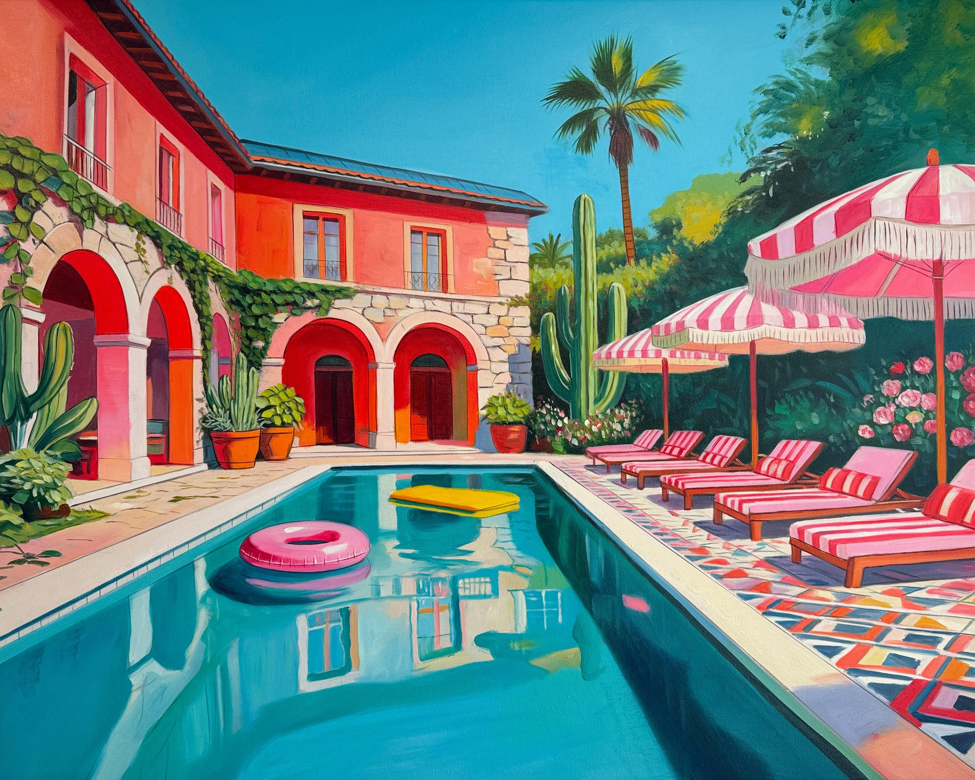 « Floating in Love » - Peinture à l'huile contemporaine représentant une maison au bord d'une piscine