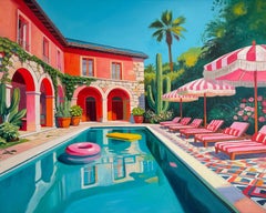 Galleggiando nell'amore - Dipinto a olio contemporaneo raffigurante una casa con piscina