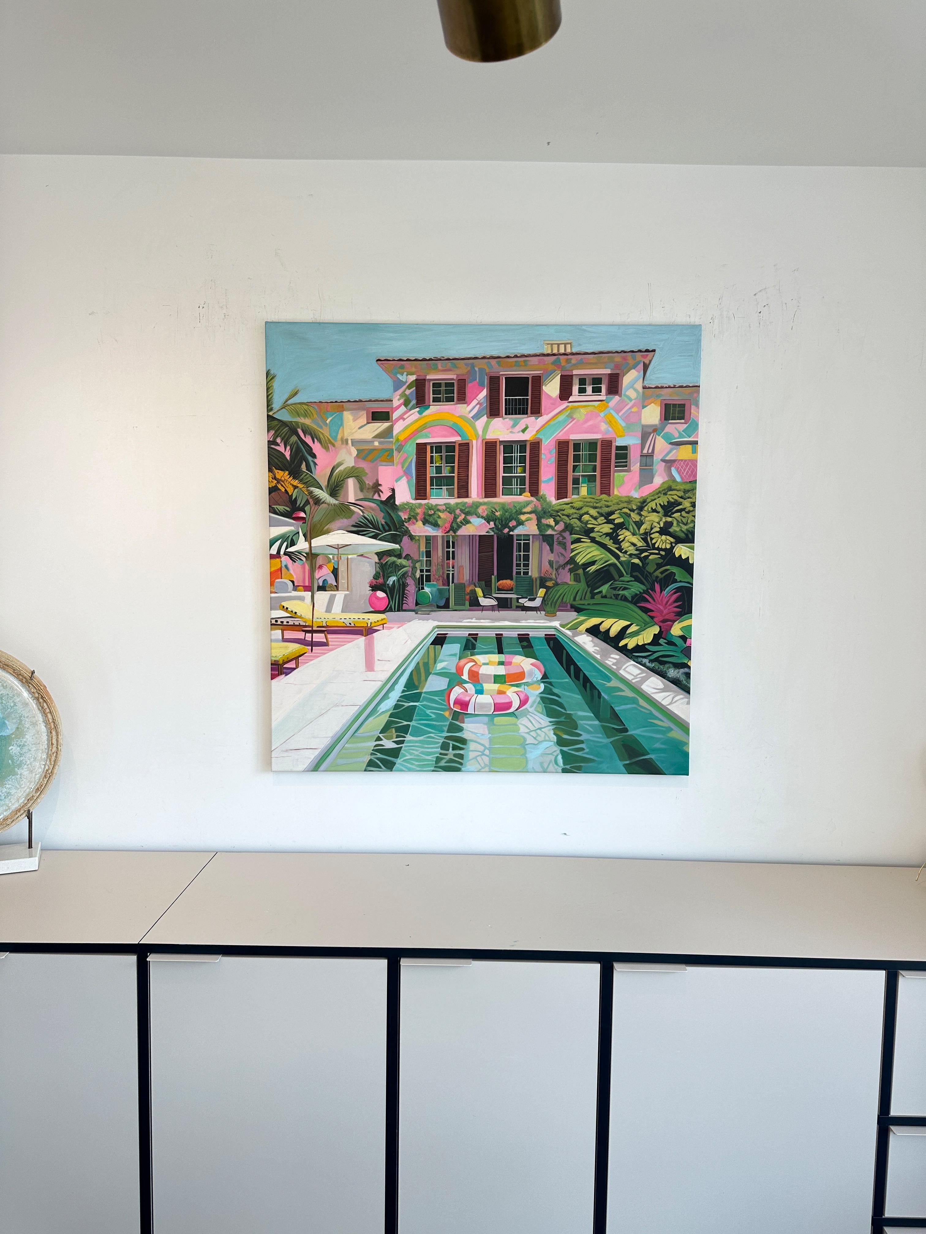 Innamorato in caduta libera - Pittura ad olio di architettura contemporanea in vendita 1