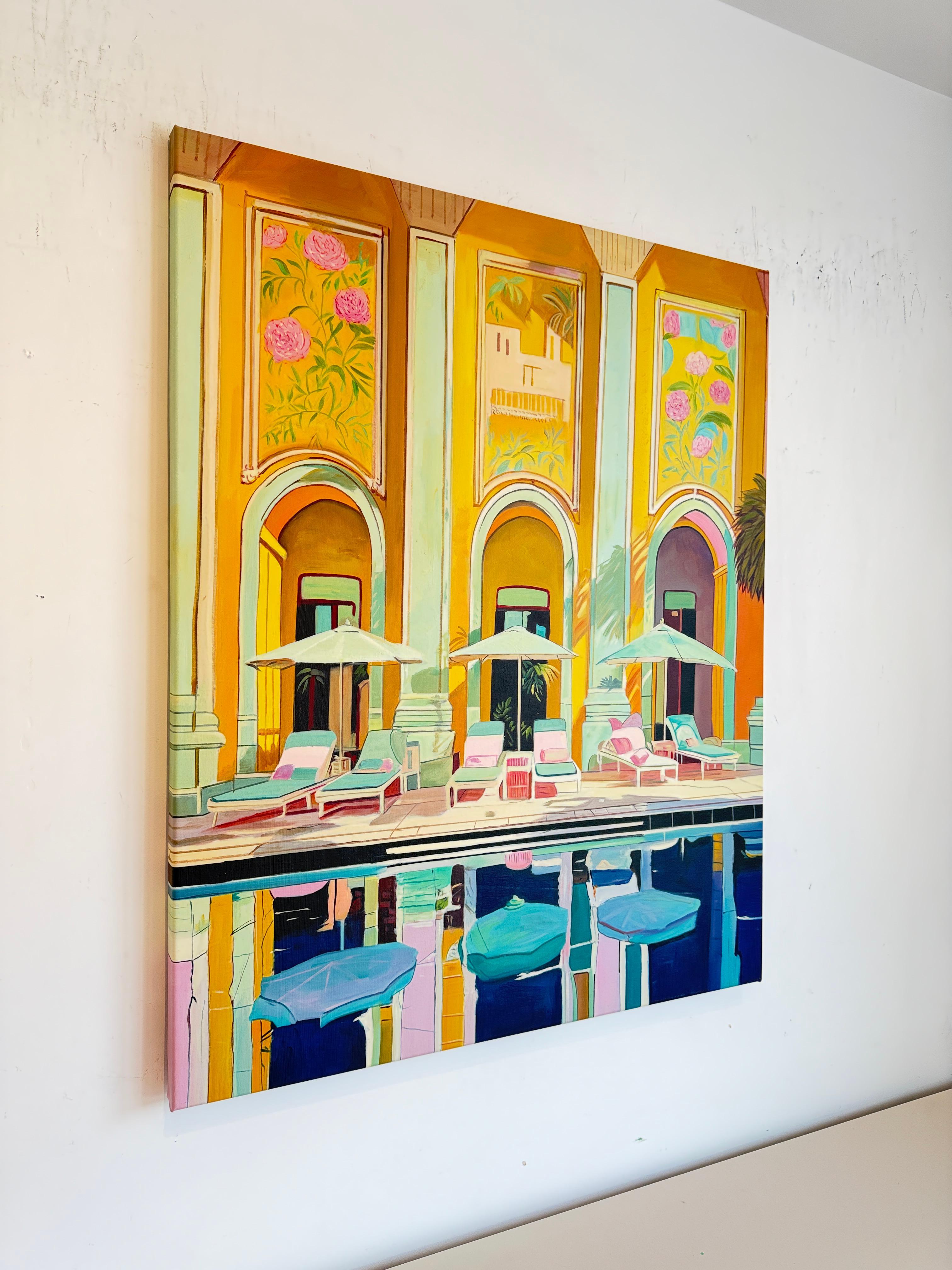 Peau chauffée Eau froide - Architecture contemporaine Pool House Peinture à l'huile en vente 5