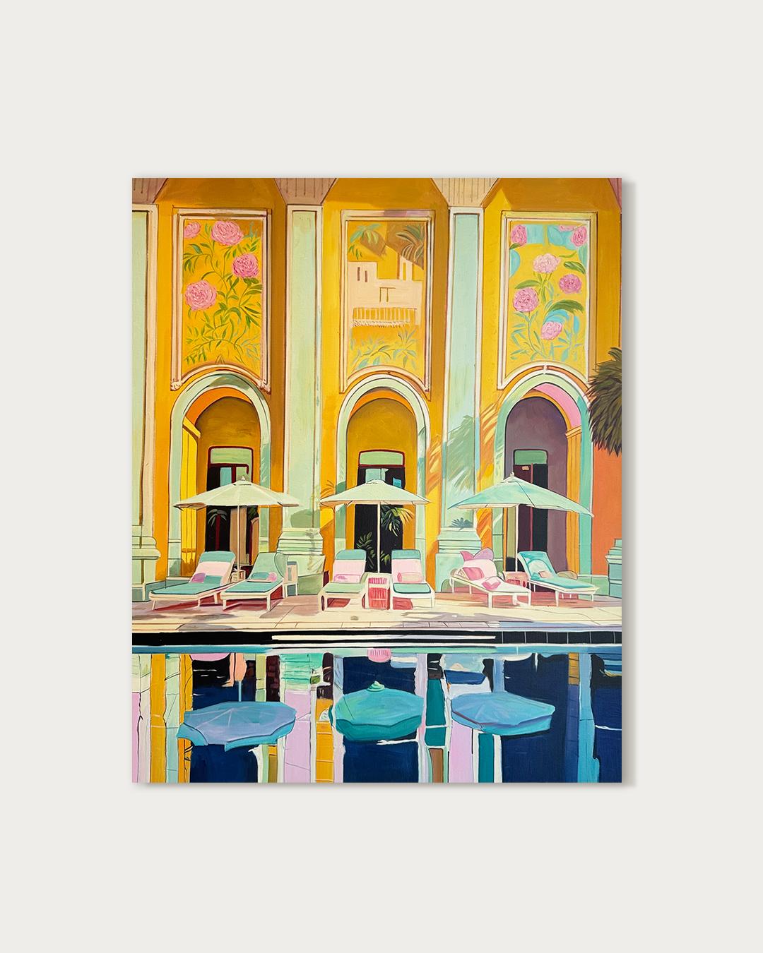 Peau chauffée Eau froide - Architecture contemporaine Pool House Peinture à l'huile - Painting de Lilly Muth