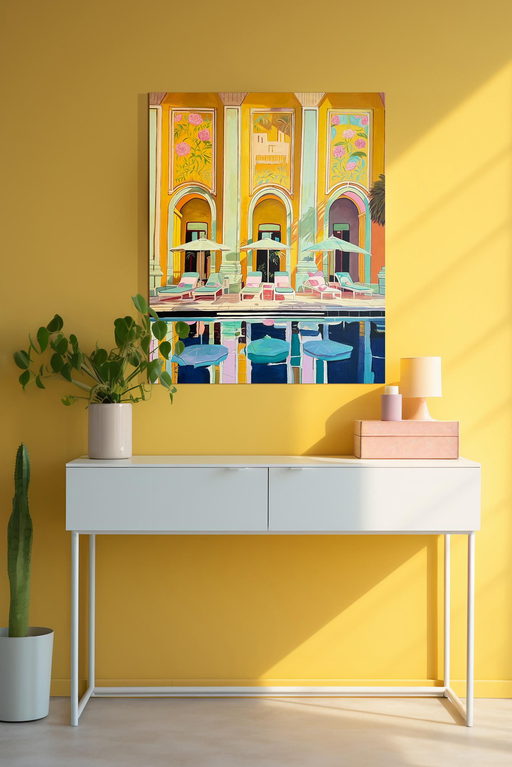 Peau chauffée Eau froide - Architecture contemporaine Pool House Peinture à l'huile - Contemporain Painting par Lilly Muth