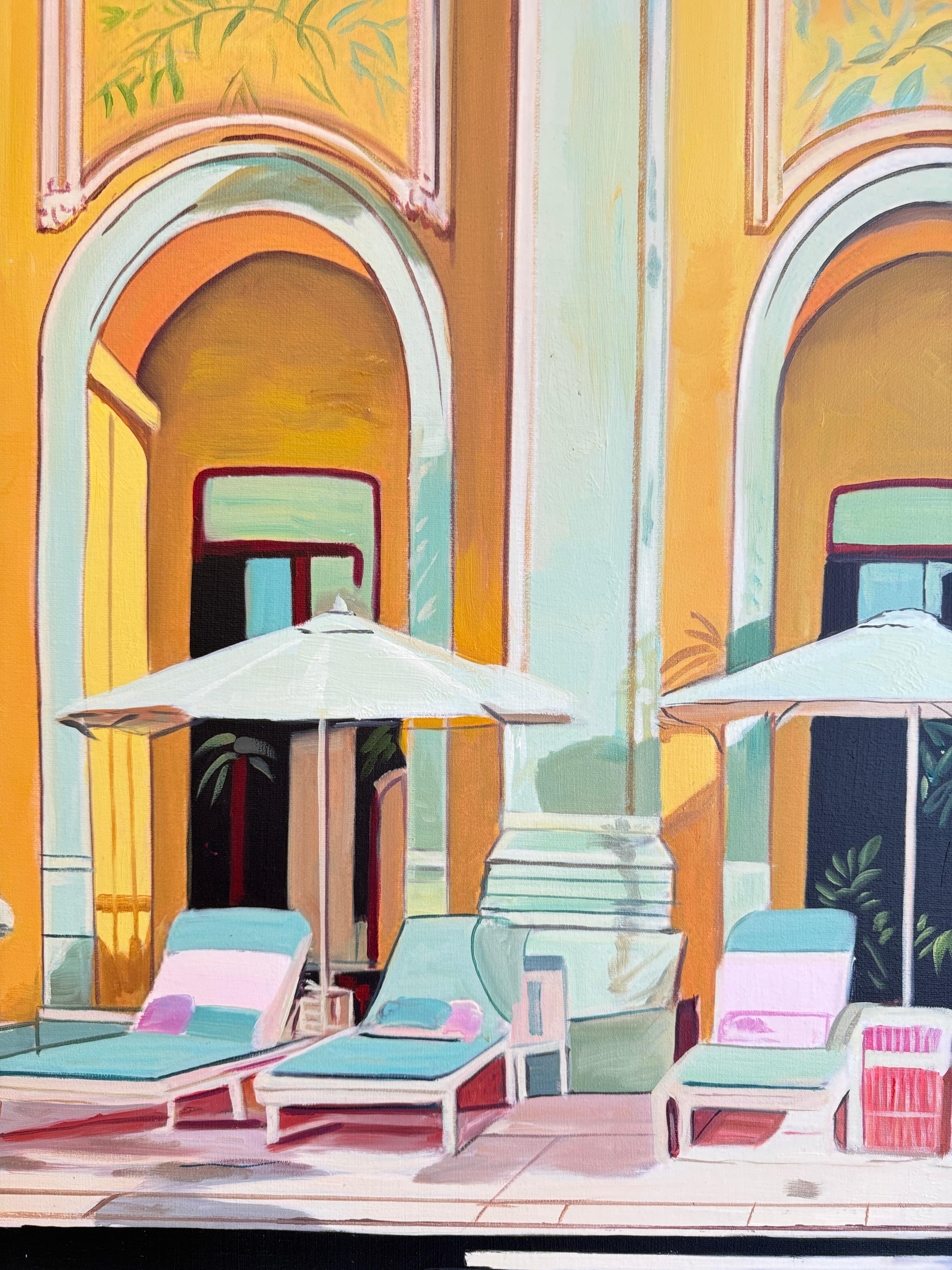 Peau chauffée Eau froide - Architecture contemporaine Pool House Peinture à l'huile - Beige Abstract Painting par Lilly Muth