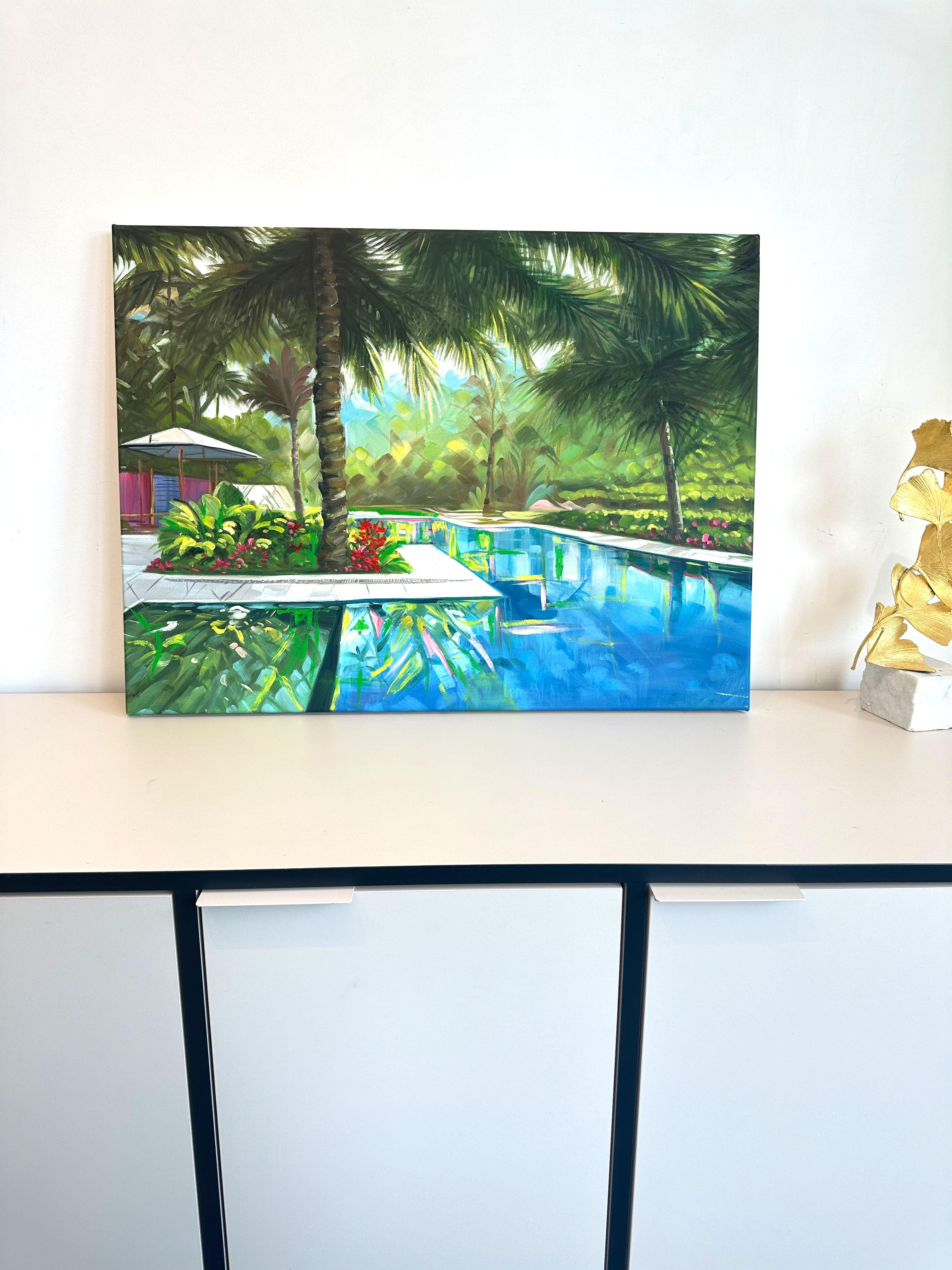 Let's Meet at the Pool - Contemporary Architecture Villa Oil Painting For Sale 8