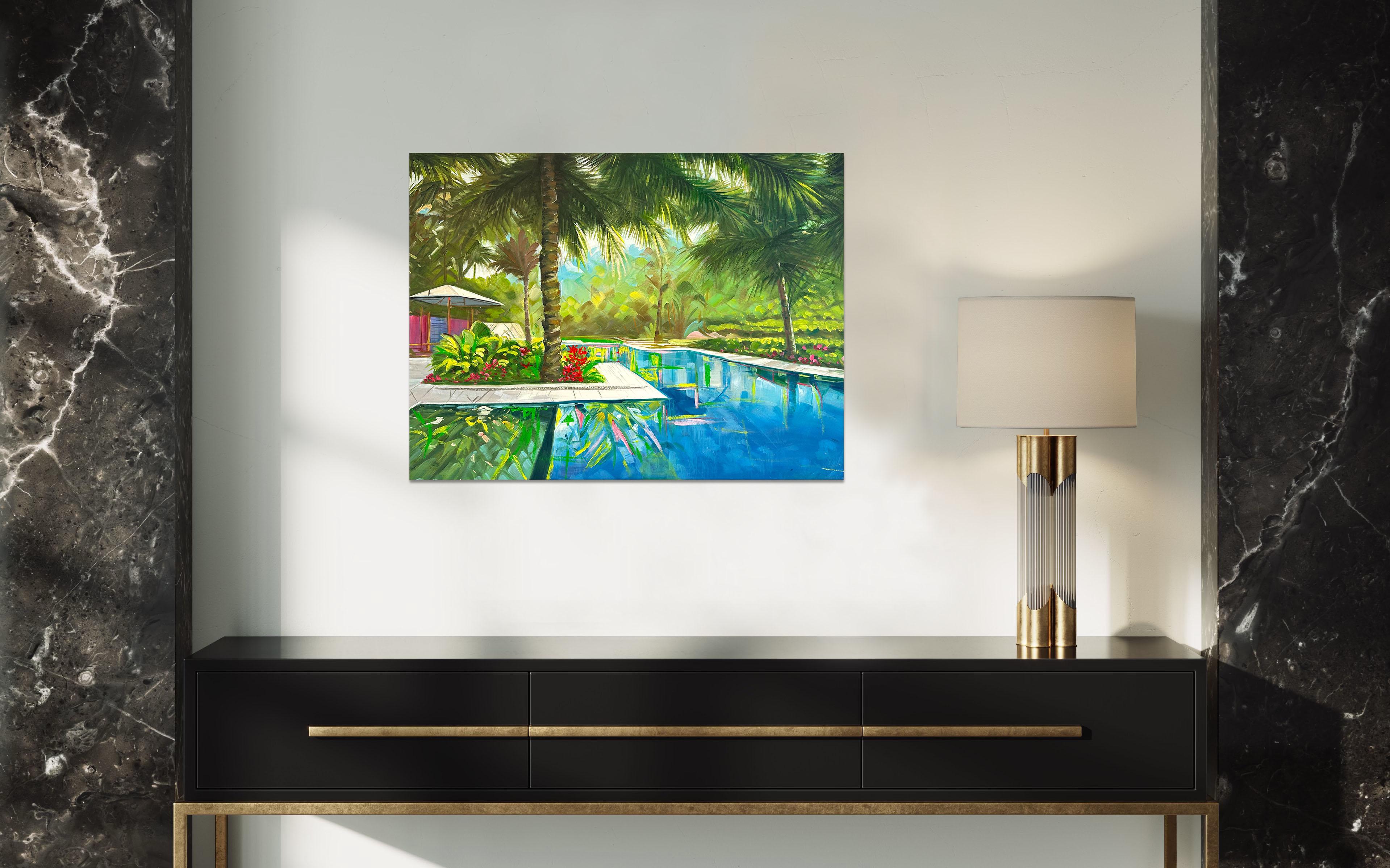 Let's Meet at the Pool - Contemporary Architecture Villa Oil Painting For Sale 9
