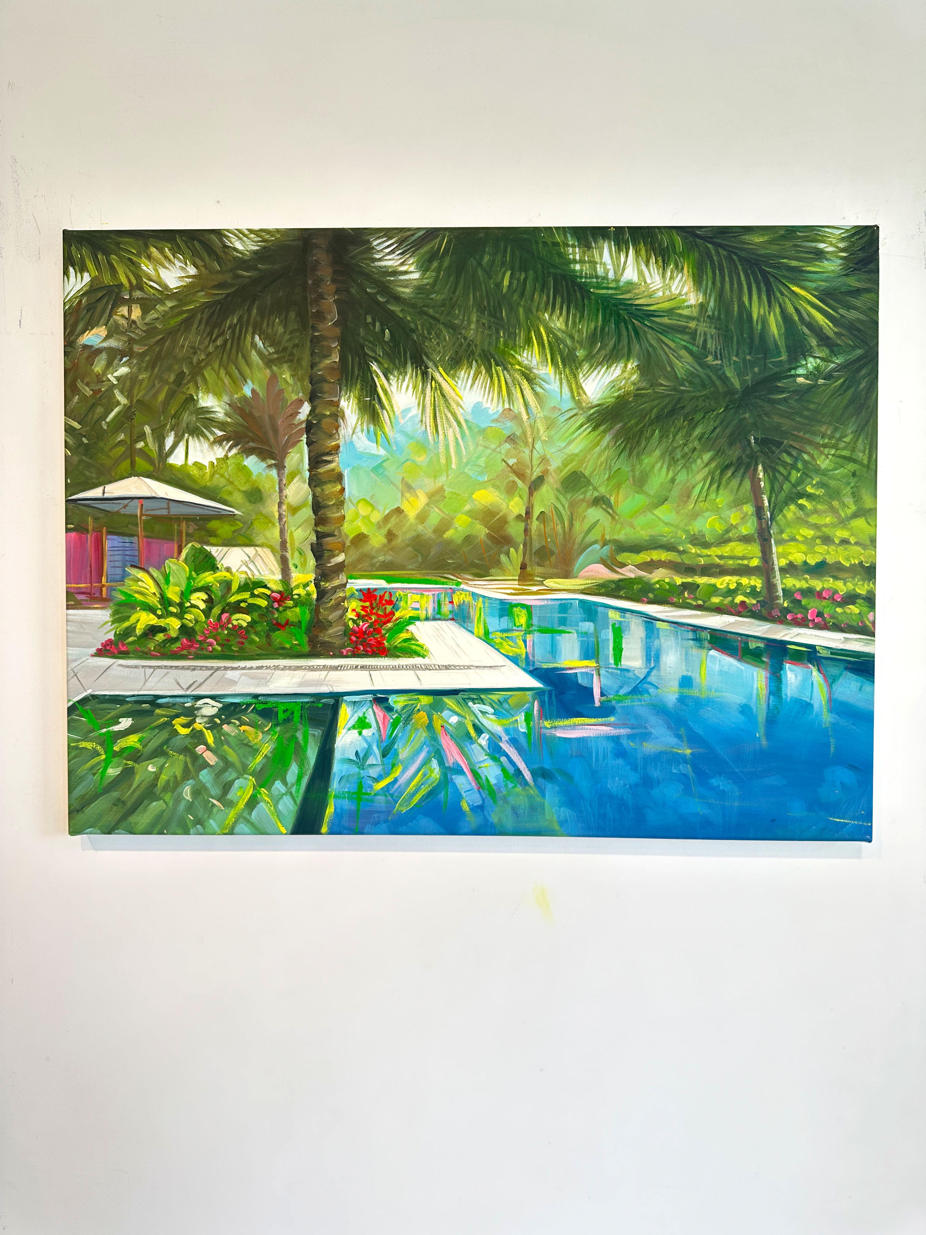 Let's Meet at the Pool - Contemporary Architecture Villa Ölgemälde – Painting von Lilly Muth