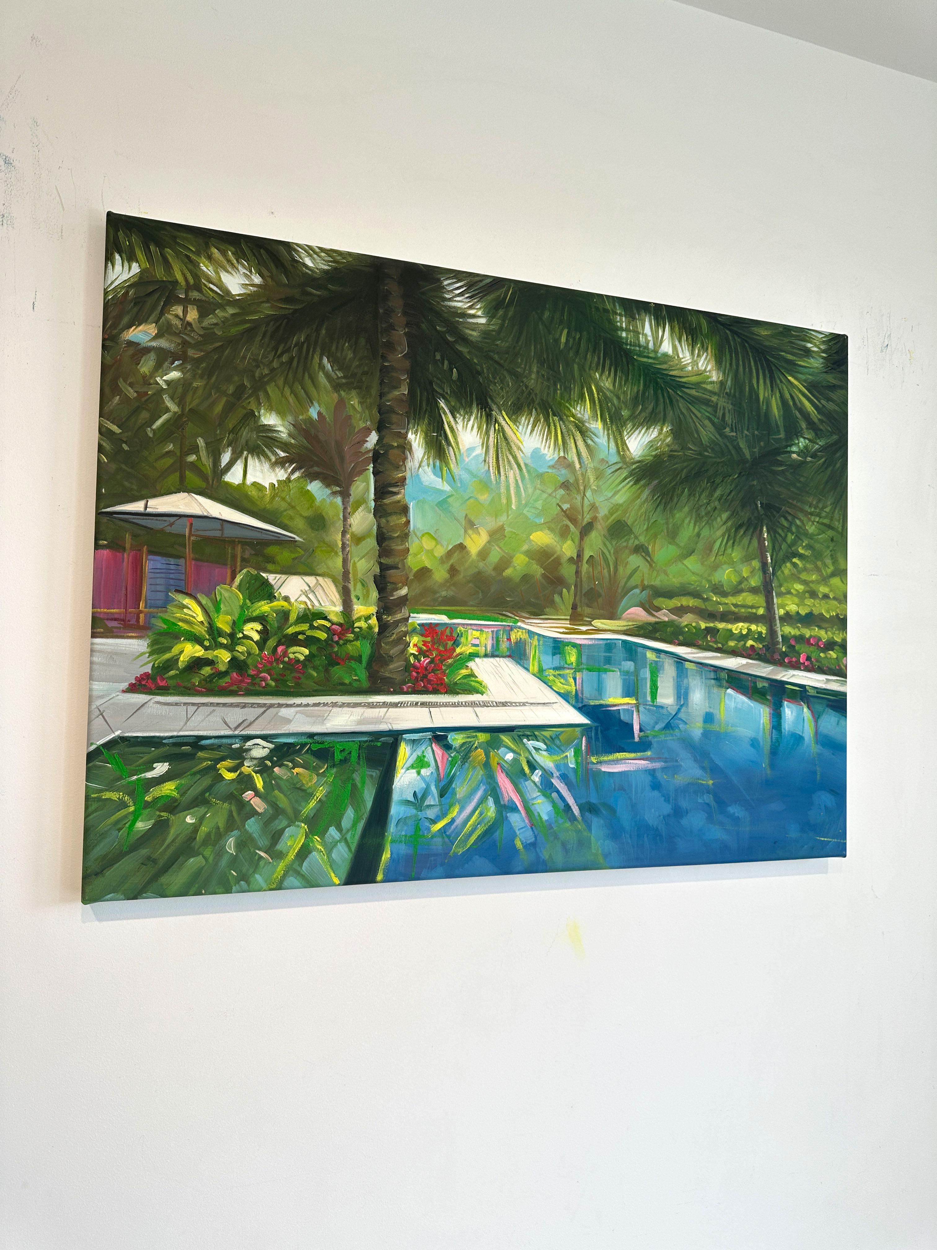 Let's Meet at the Pool - Contemporary Architecture Villa Oil Painting For Sale 2