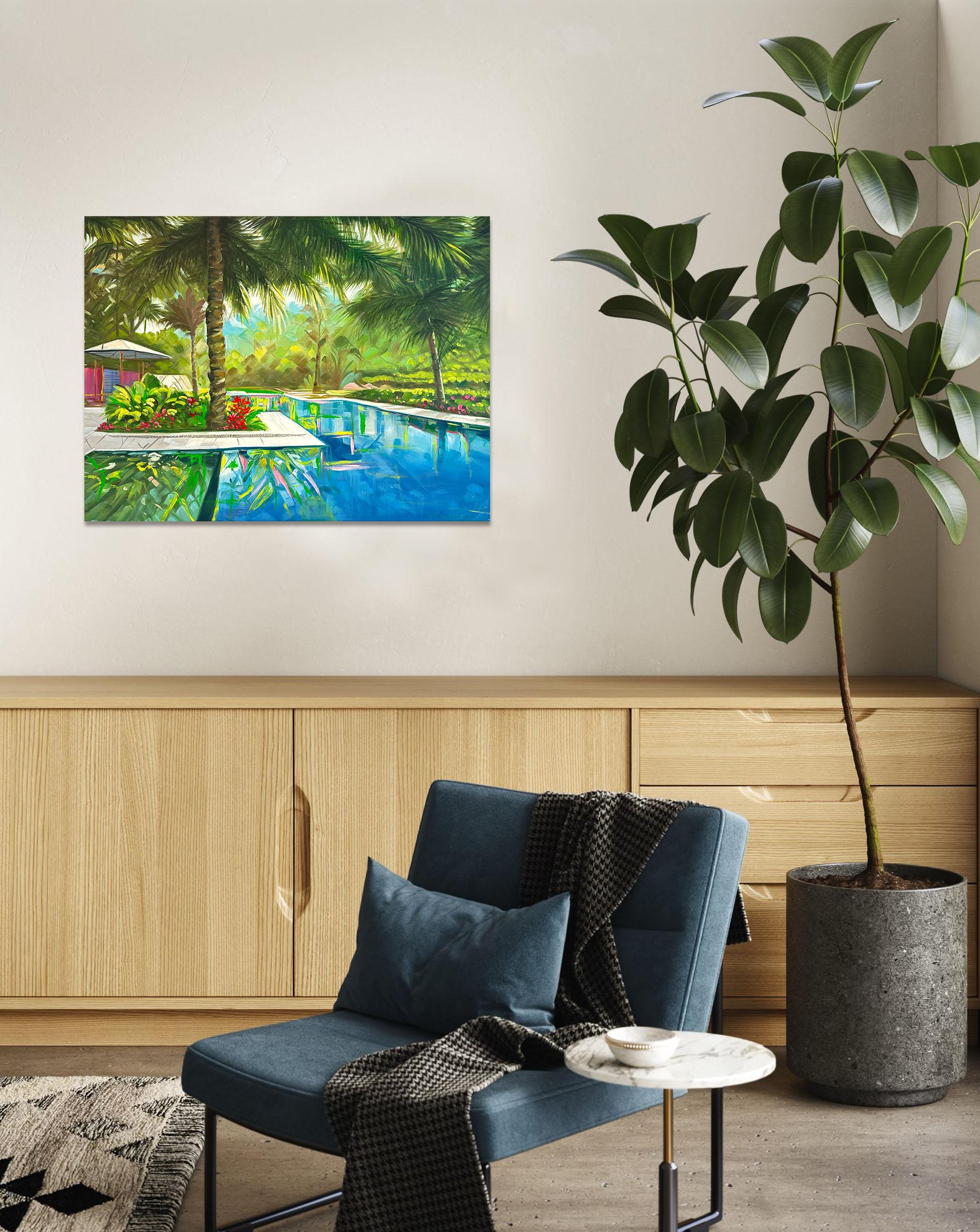 Let's Meet at the Pool - Contemporary Architecture Villa Oil Painting For Sale 3