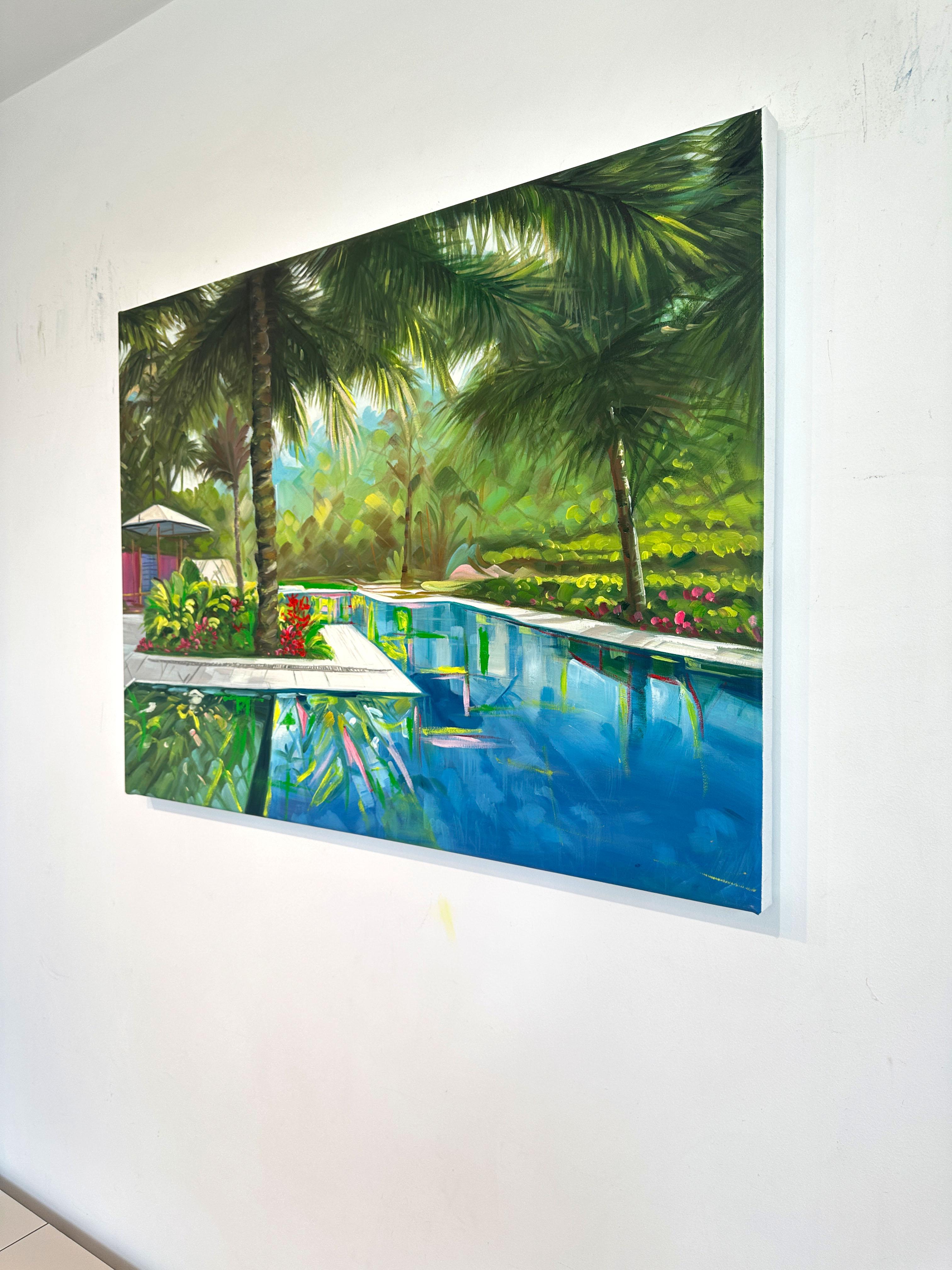 Let's Meet at the Pool - Contemporary Architecture Villa Oil Painting For Sale 4