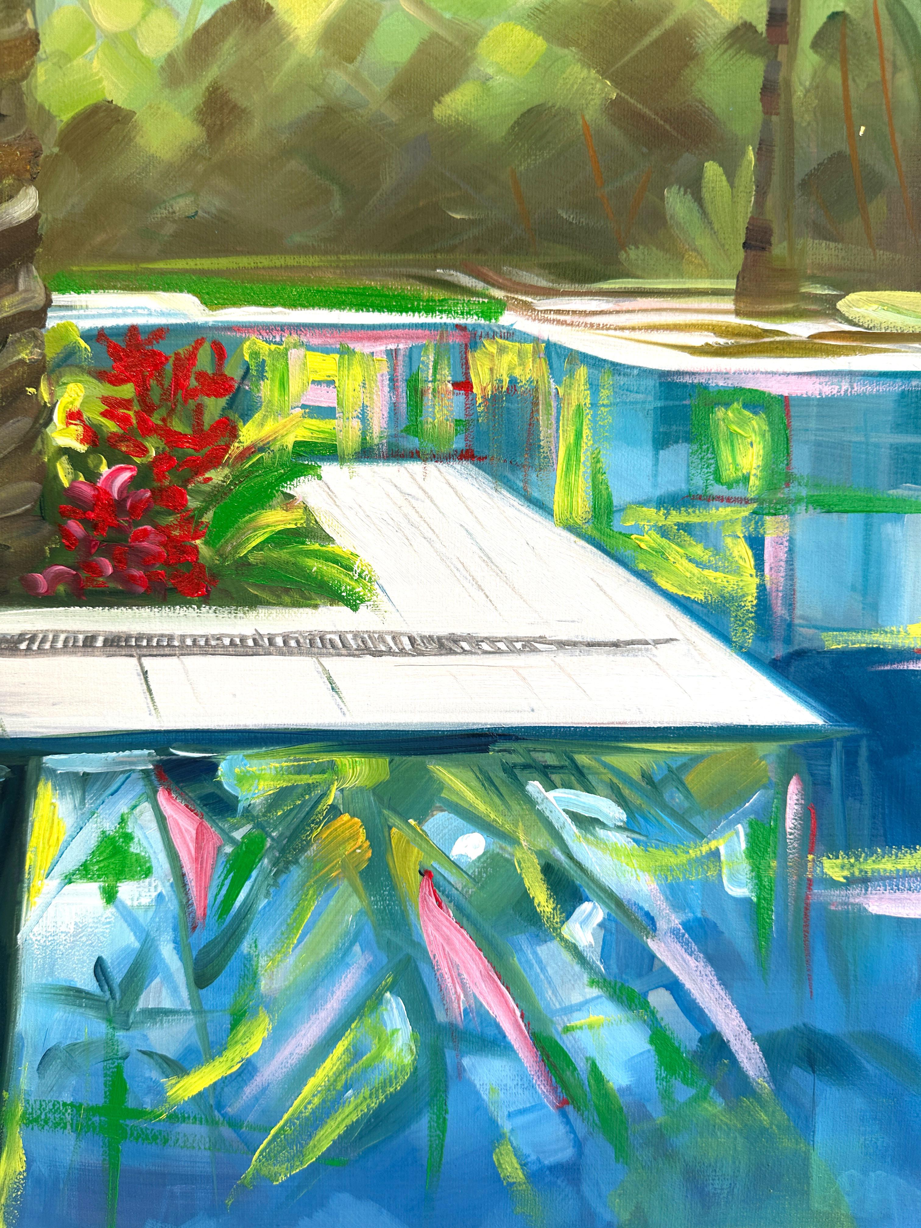Let's Meet at the Pool - Contemporary Architecture Villa Oil Painting For Sale 5
