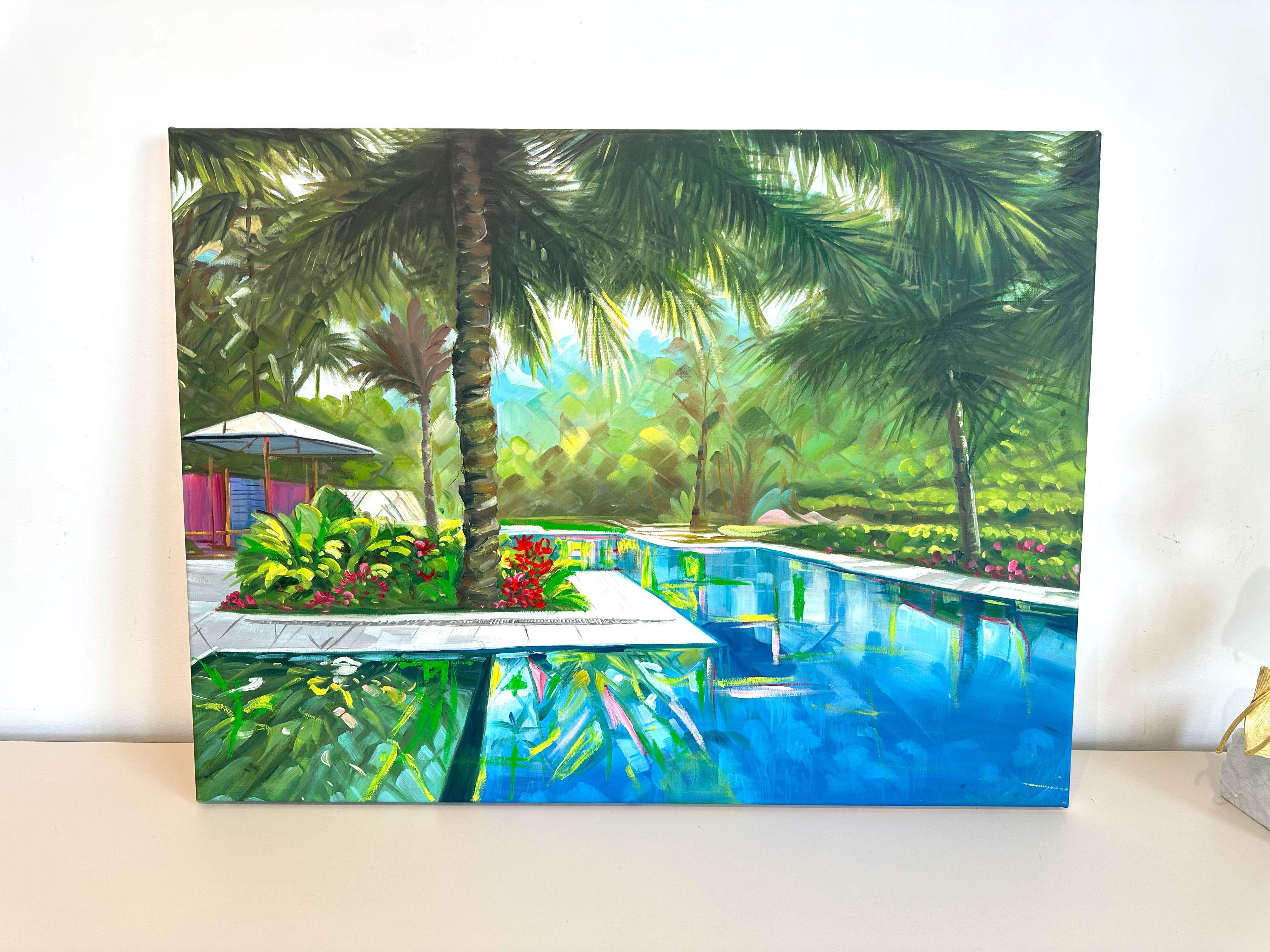 Let's Meet at the Pool - Contemporary Architecture Villa Oil Painting For Sale 6