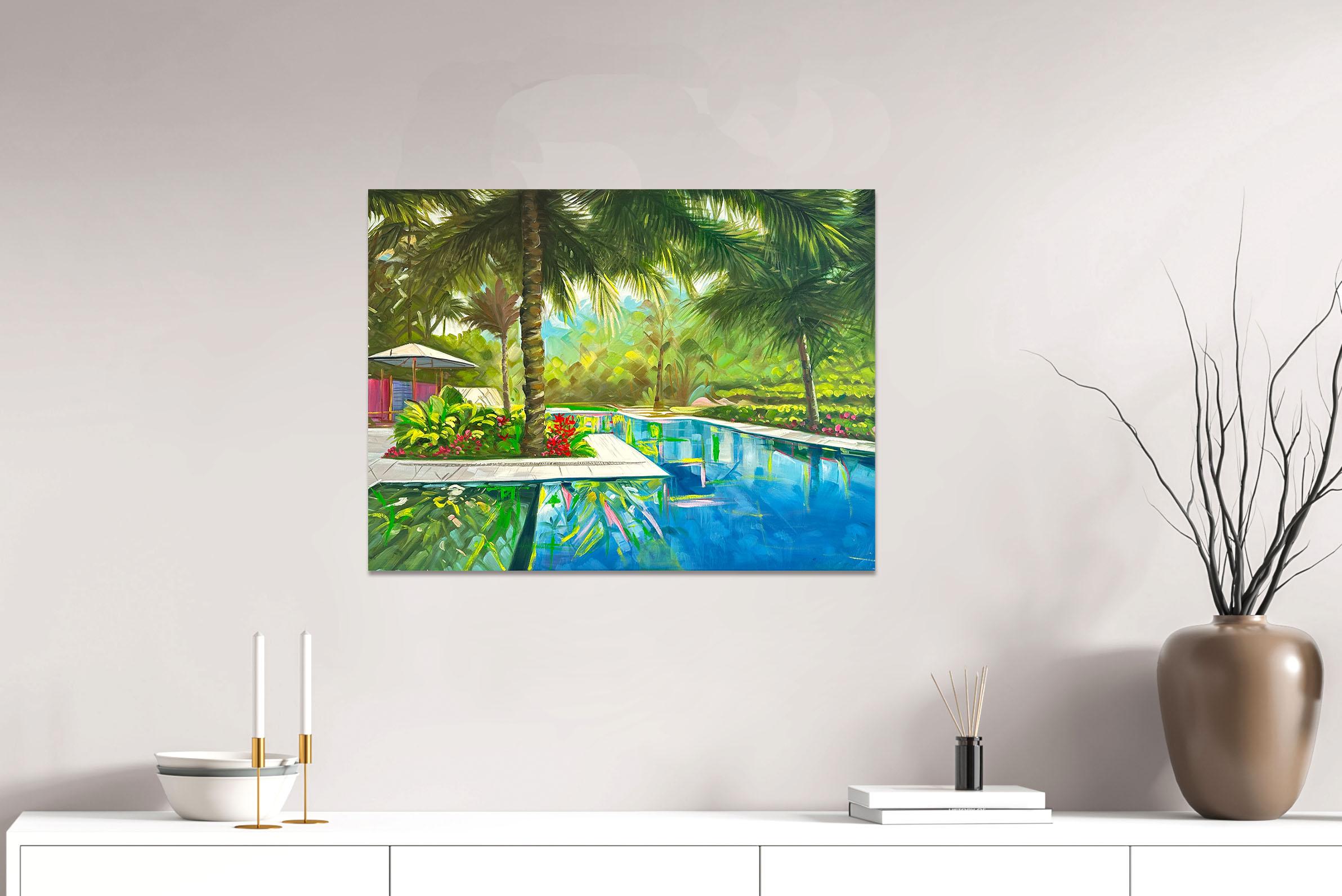 Let's Meet at the Pool - Contemporary Architecture Villa Oil Painting For Sale 7