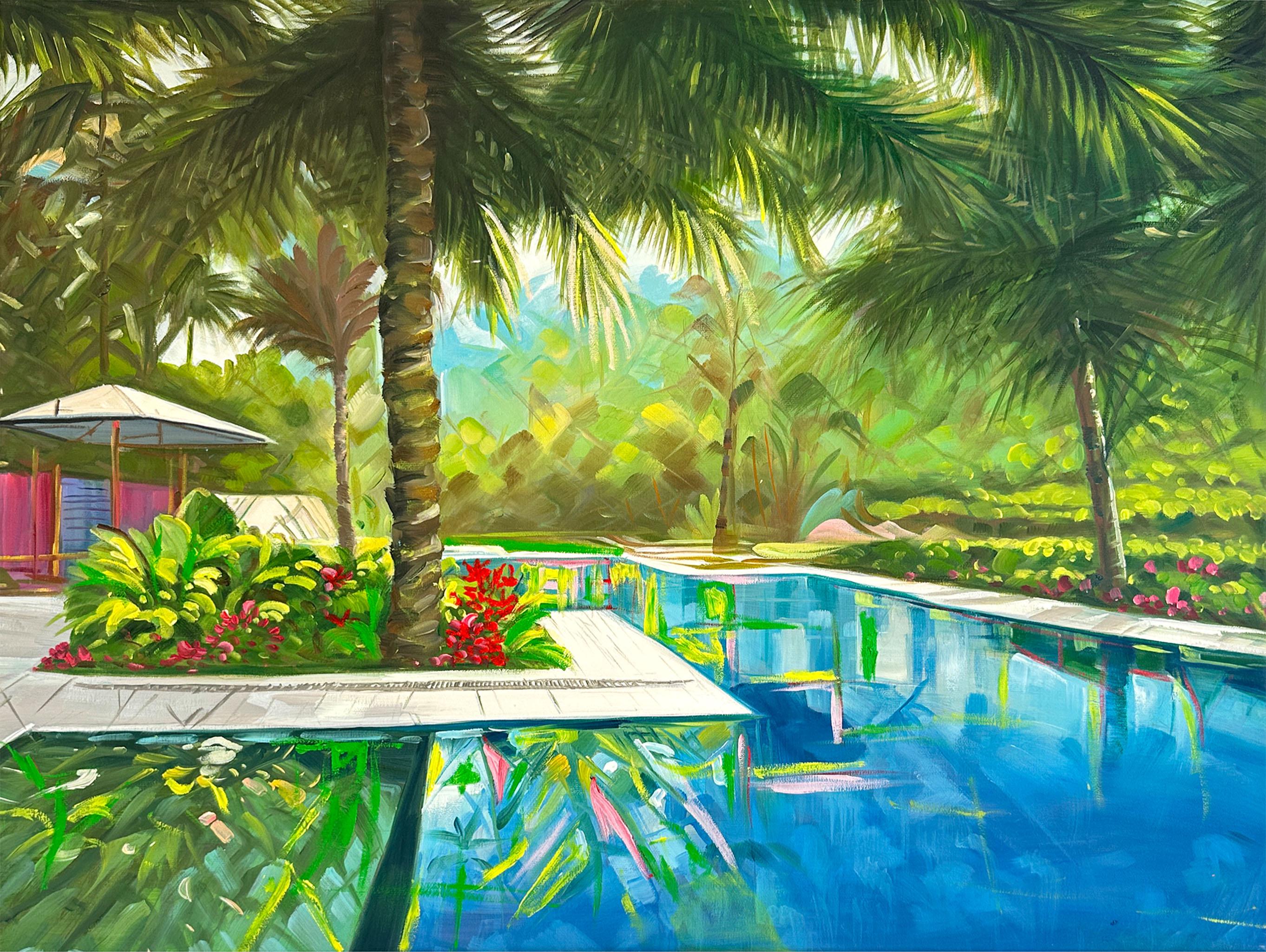 Lilly Muth Abstract Painting - Let's Meet at the Pool - Contemporary Architecture Villa Oil Painting