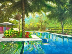 Rendez-vous à la piscine - Peinture à l'huile d'une villa d'architecture contemporaine
