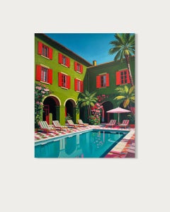 Amore sotto il sole estivo - Dipinto a olio contemporaneo raffigurante una casa con piscina