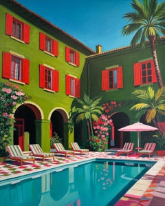 Liebe unter der Sommersonne – Zeitgenössisches Ölgemälde eines Poolhauses