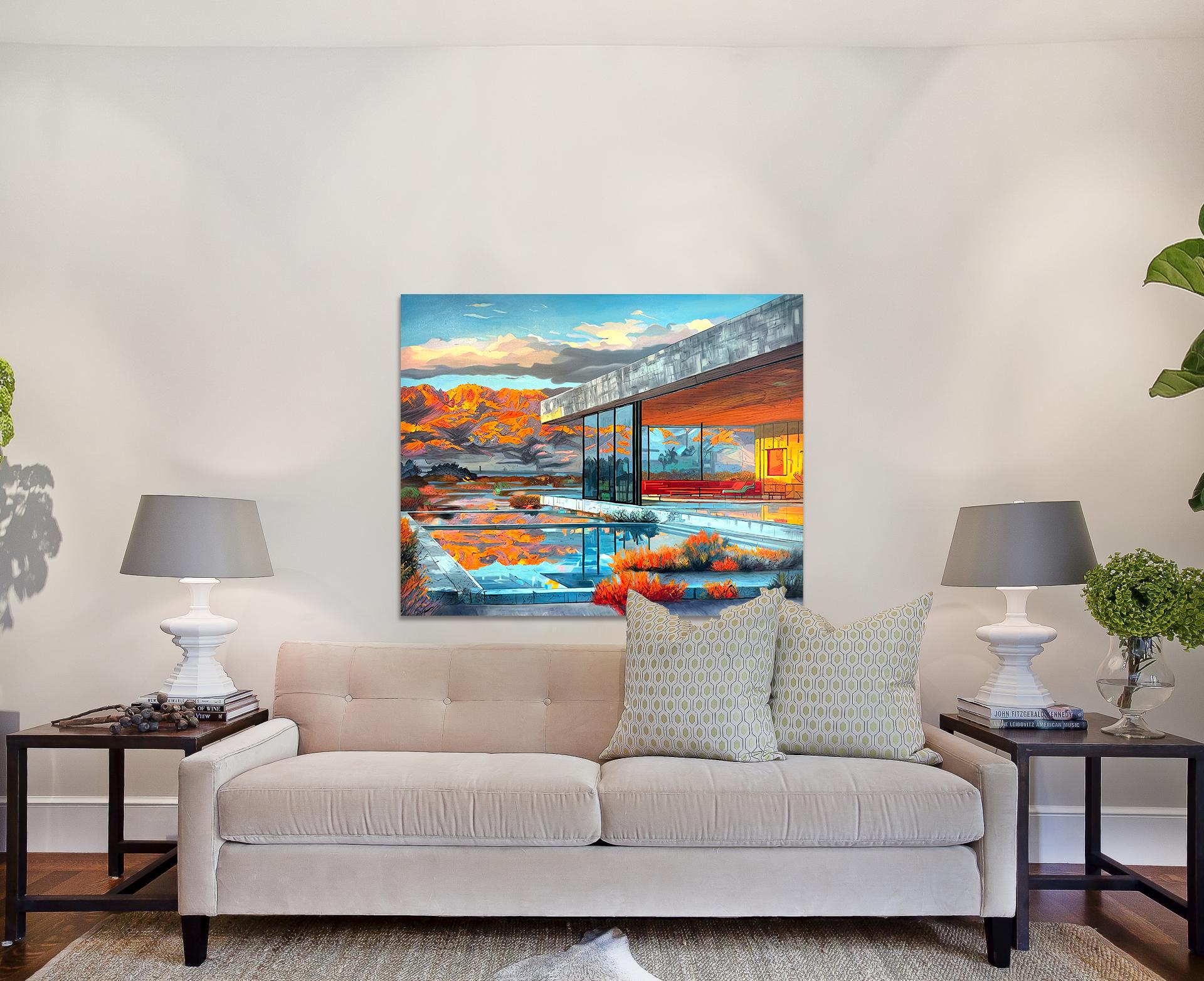 Mountain Sunsets calling - Contemporary Architecture Oil Painting For Sale 9