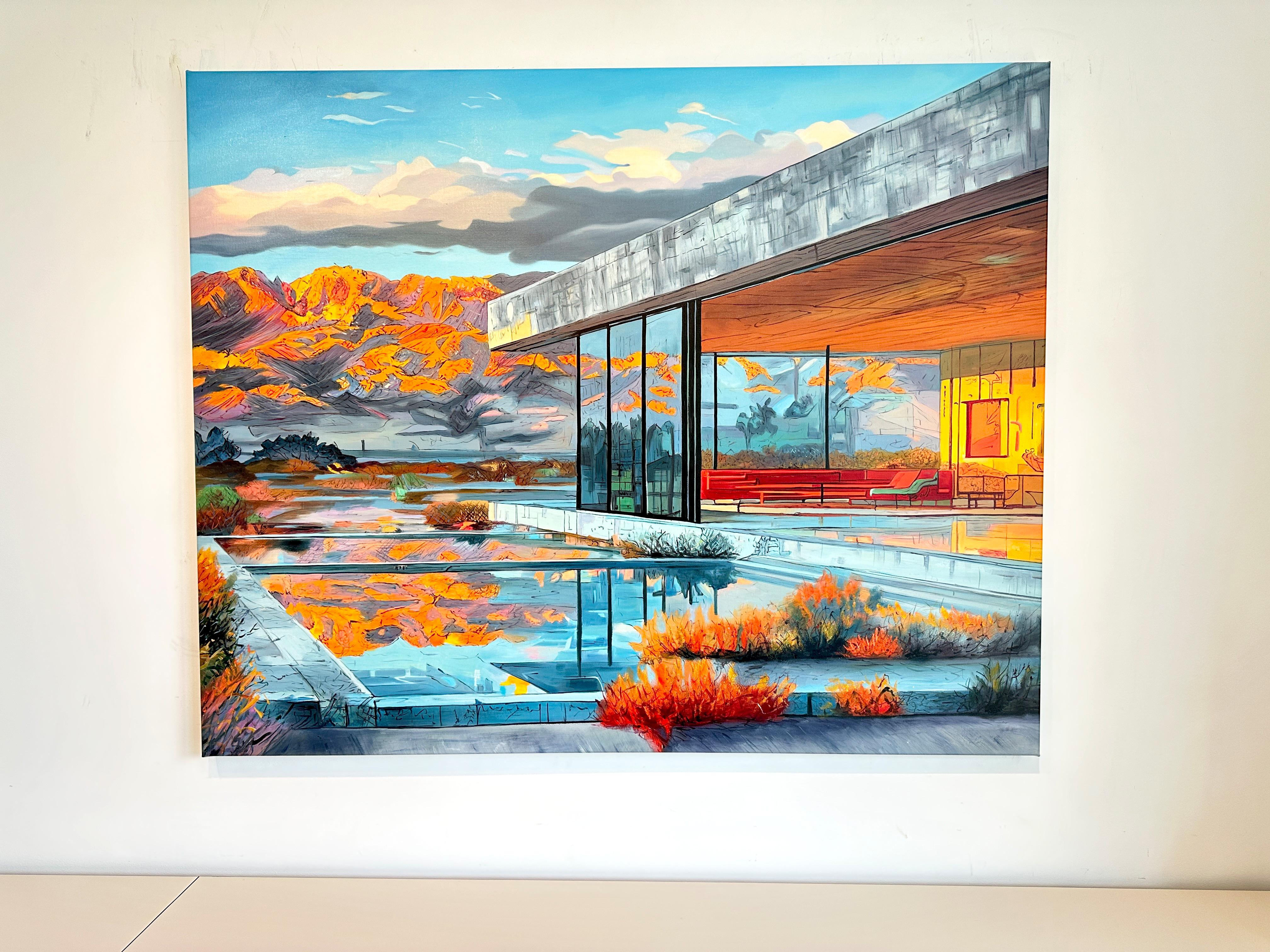 Gebirgssonnenuntergang ruft - Contemporary Architecture Ölgemälde – Painting von Lilly Muth