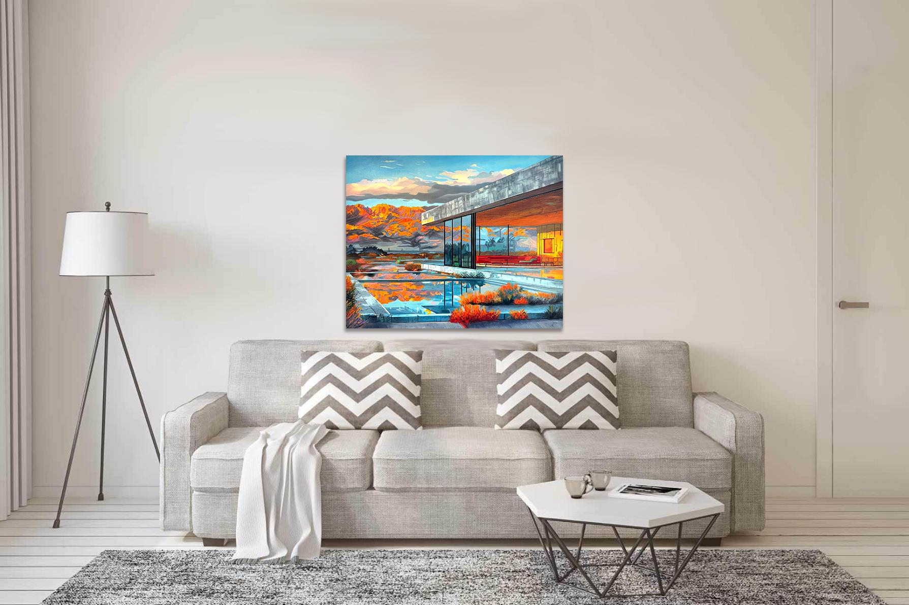 Mountain Sunsets calling - Contemporary Architecture Oil Painting For Sale 4