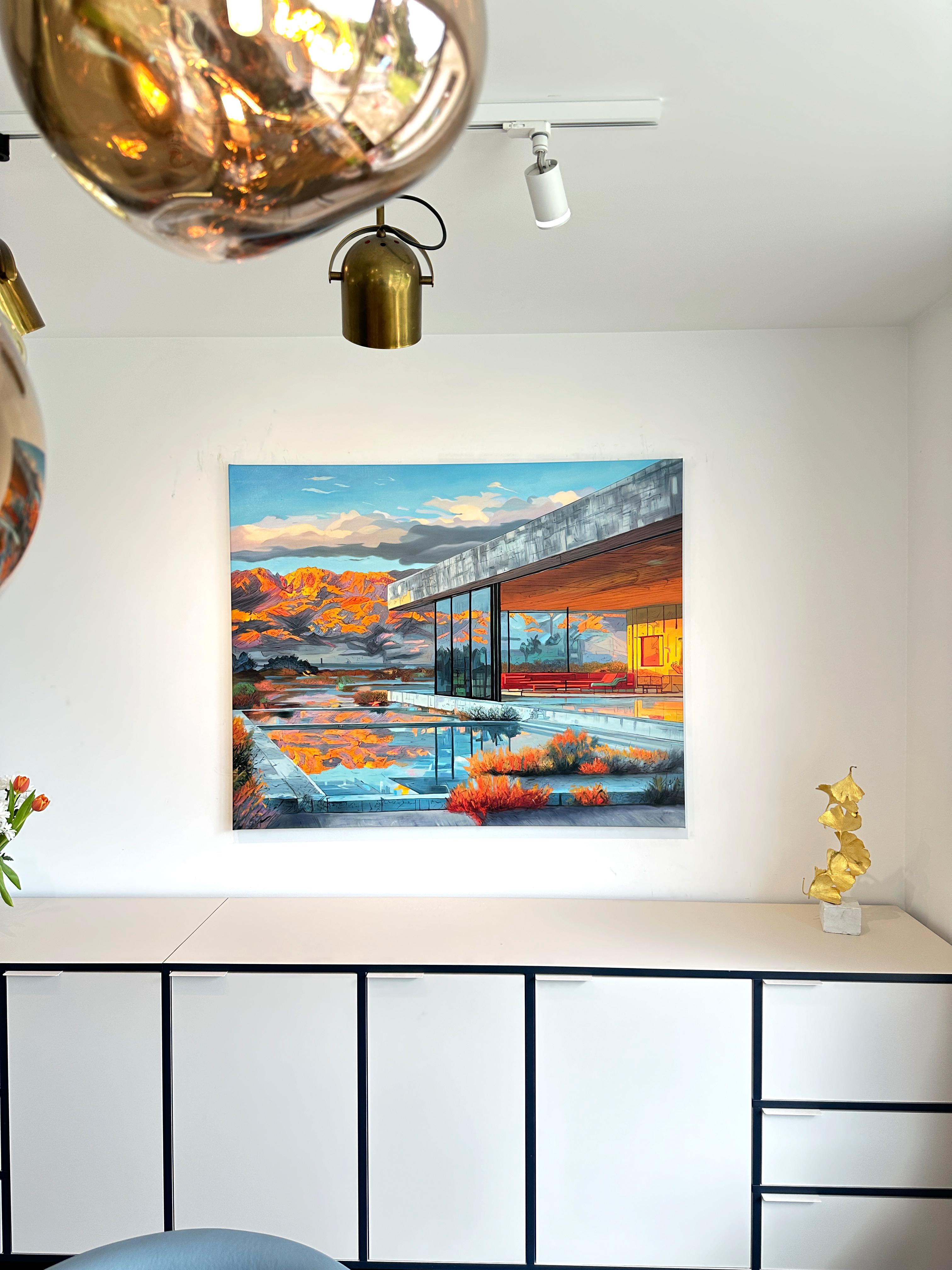 Mountain Sunsets calling - Contemporary Architecture Oil Painting For Sale 5