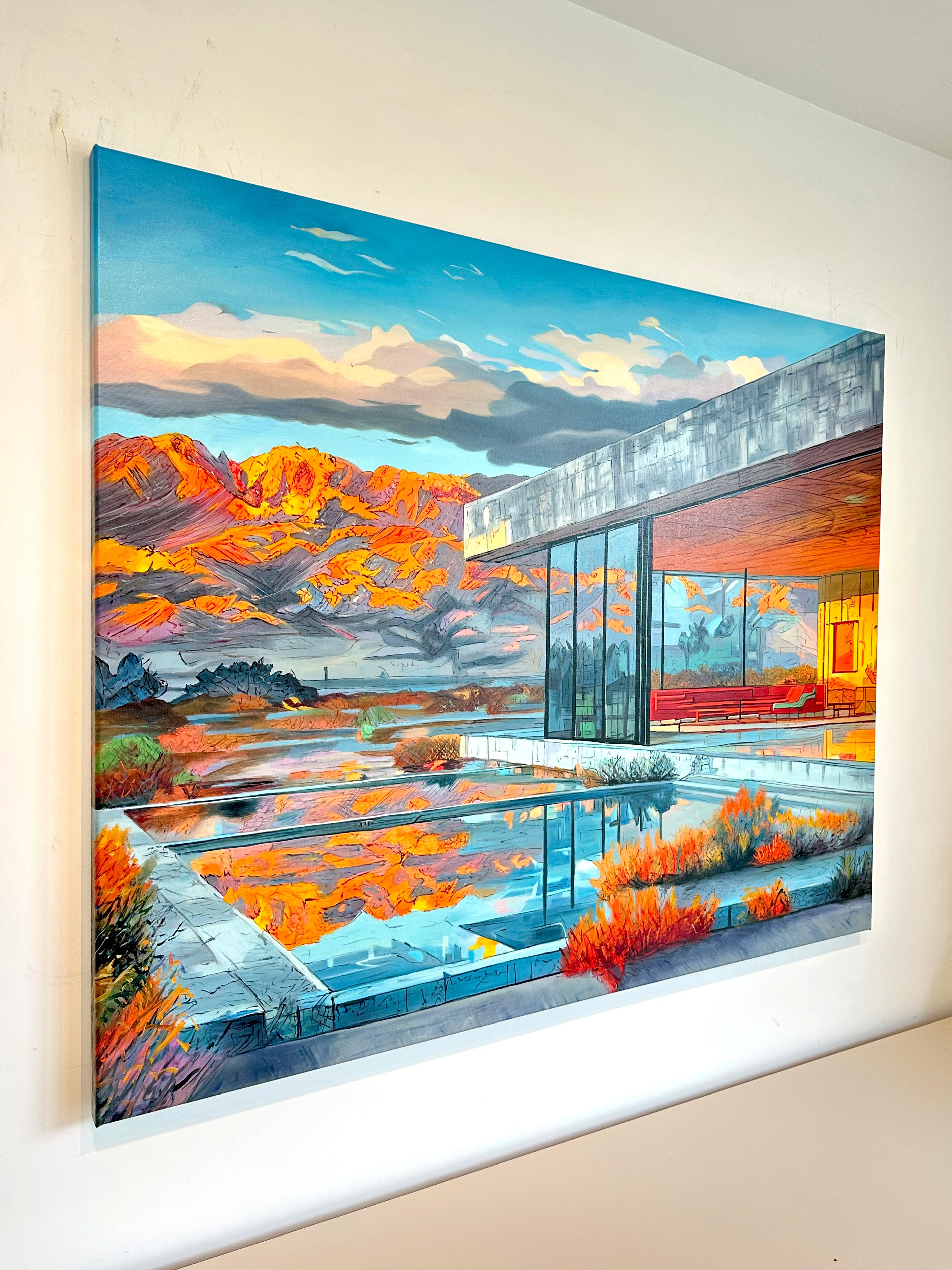 Mountain Sunsets calling - Contemporary Architecture Oil Painting For Sale 7