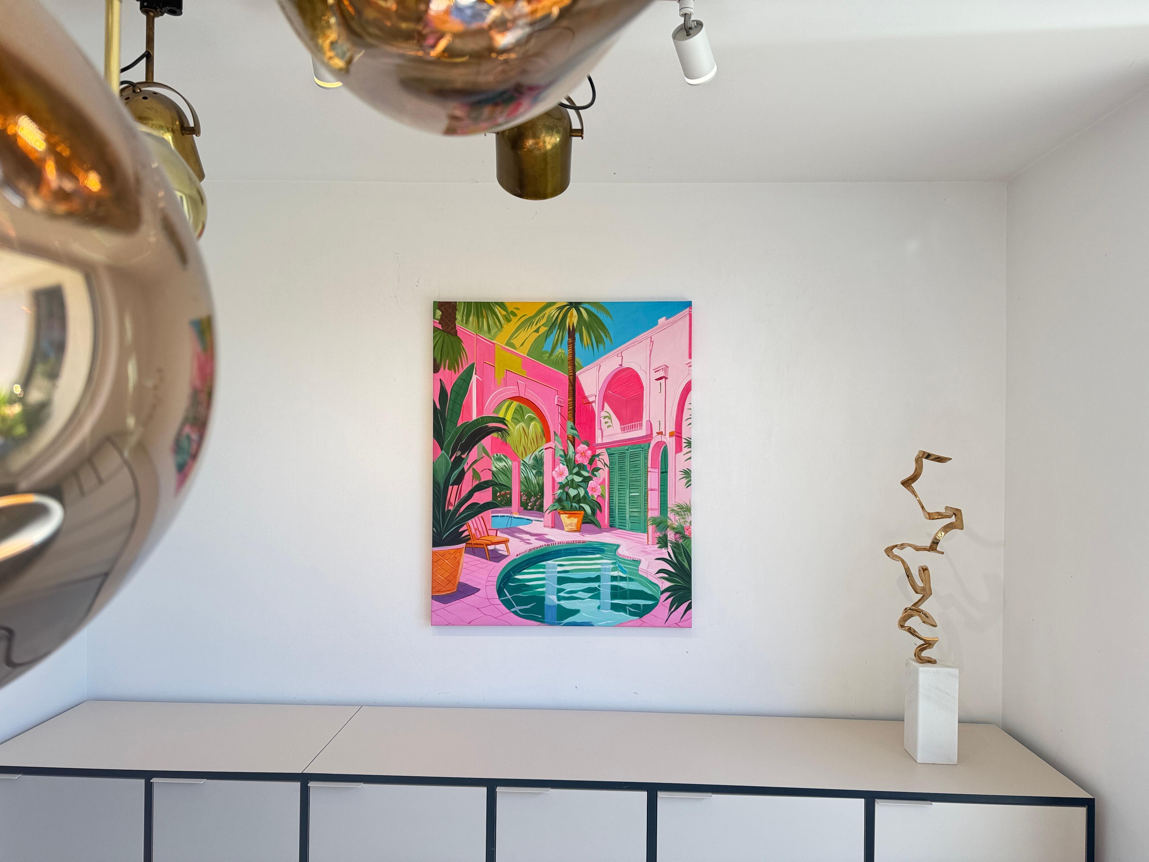 Oase zwischen zwei Seelen - Zeitgenössische Architektur Pool Haus Ölgemälde im Angebot 8