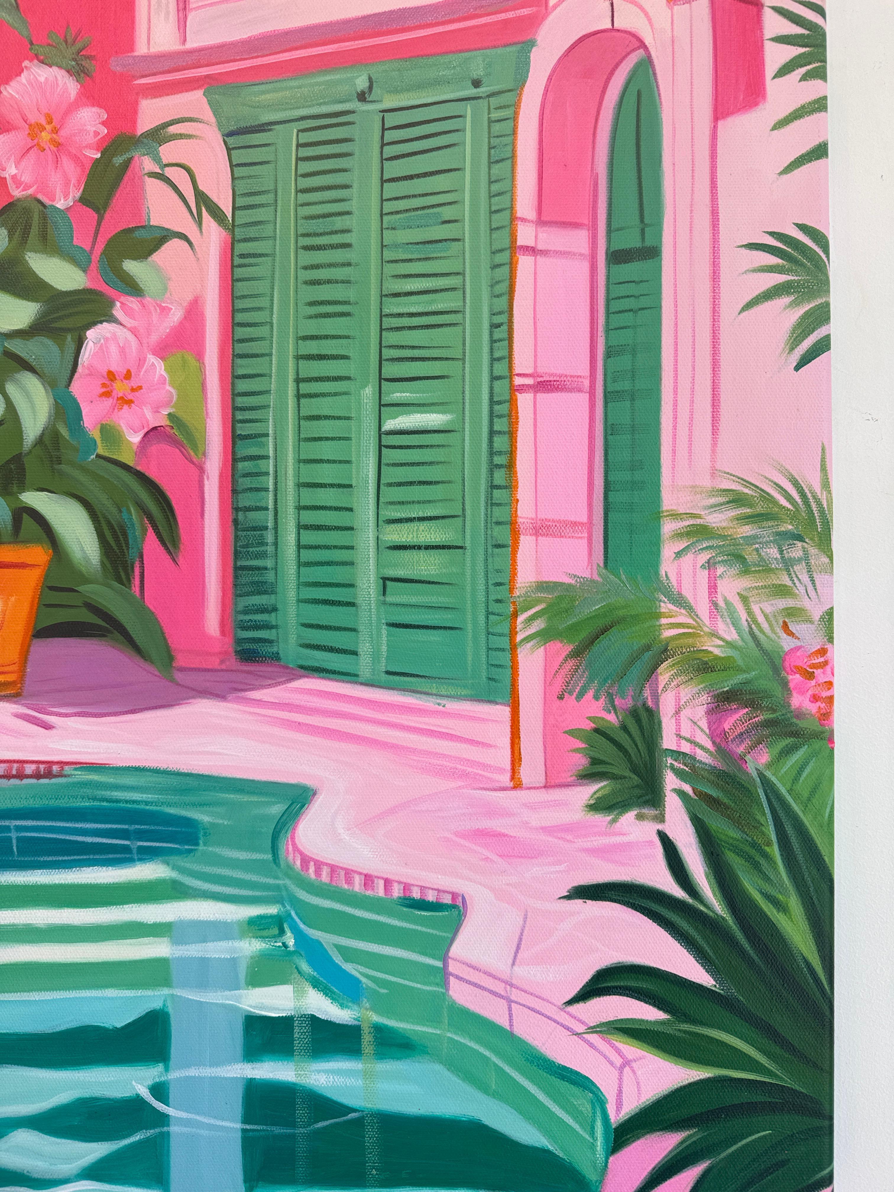 Oase zwischen zwei Seelen - Zeitgenössische Architektur Pool Haus Ölgemälde im Angebot 9