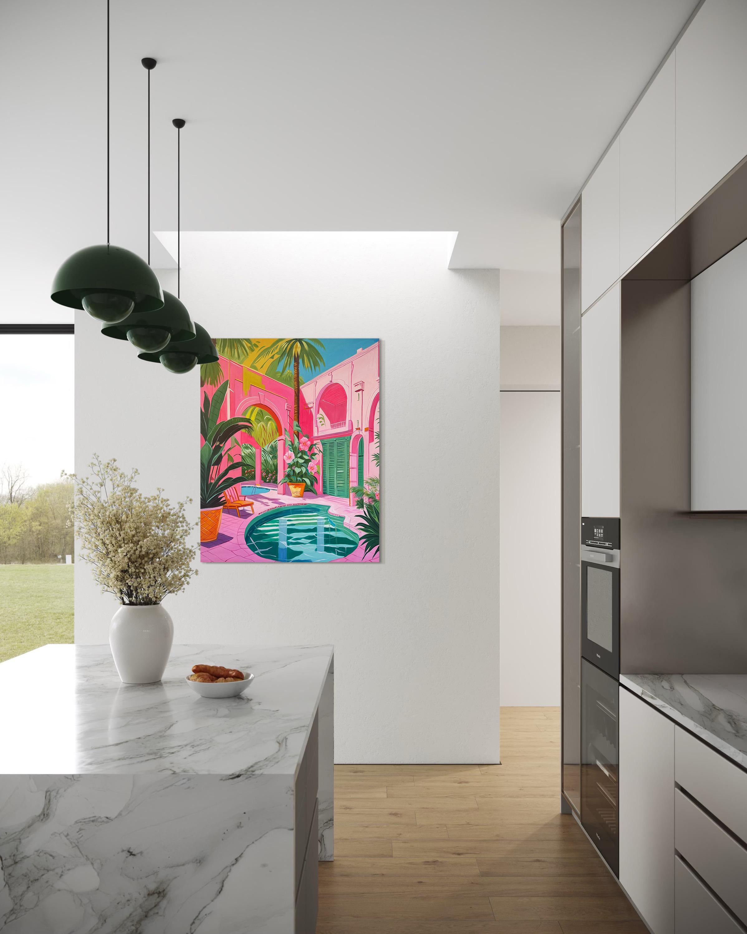 Oase zwischen zwei Seelen - Zeitgenössische Architektur Pool Haus Ölgemälde im Angebot 10