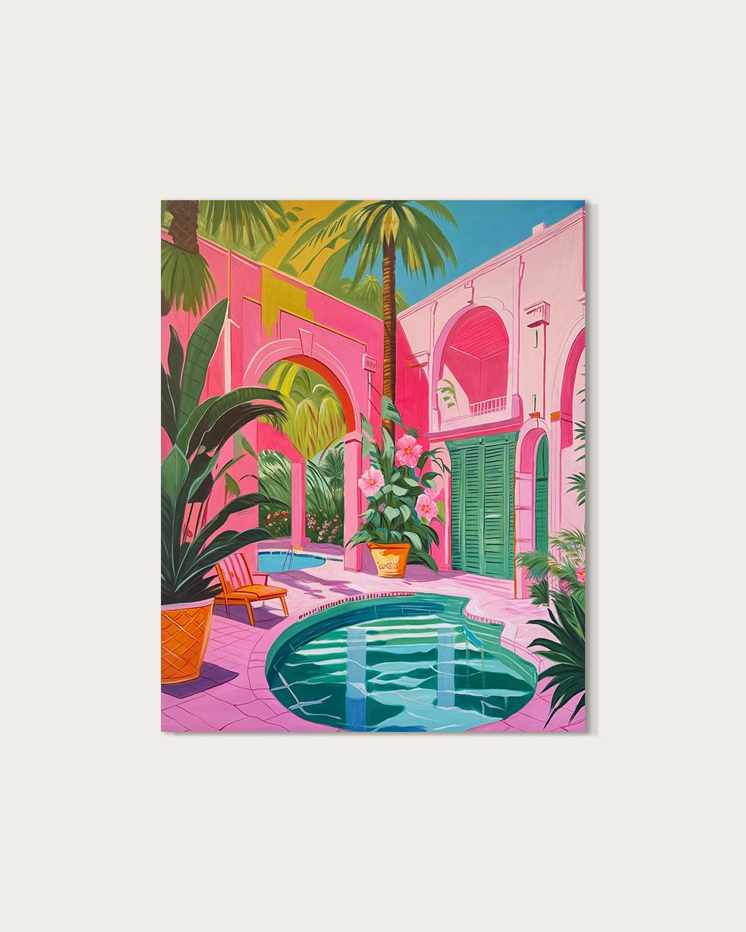 Oase zwischen zwei Seelen - Zeitgenössische Architektur Pool Haus Ölgemälde – Painting von Lilly Muth