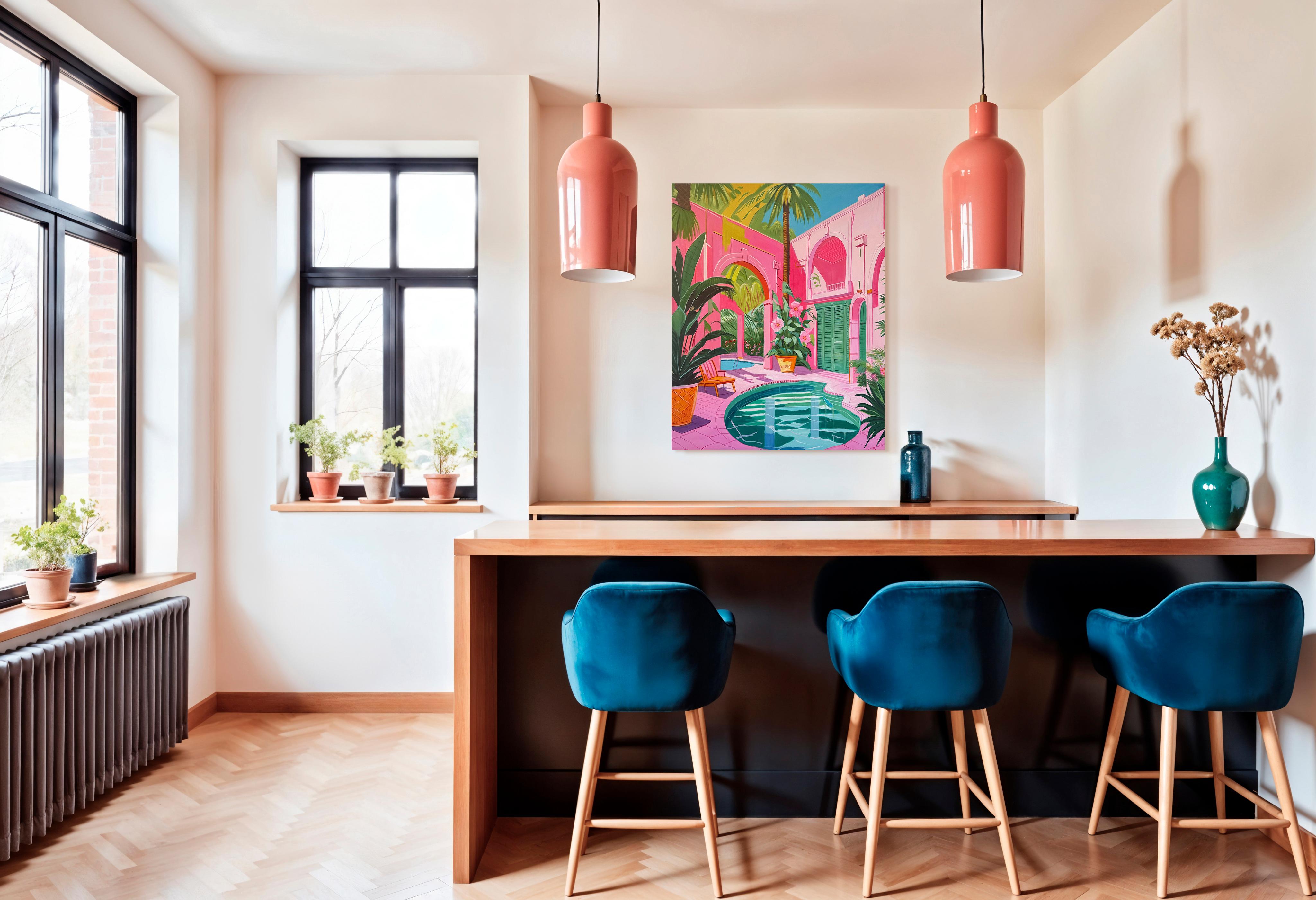 Oase zwischen zwei Seelen - Zeitgenössische Architektur Pool Haus Ölgemälde (Braun), Abstract Painting, von Lilly Muth