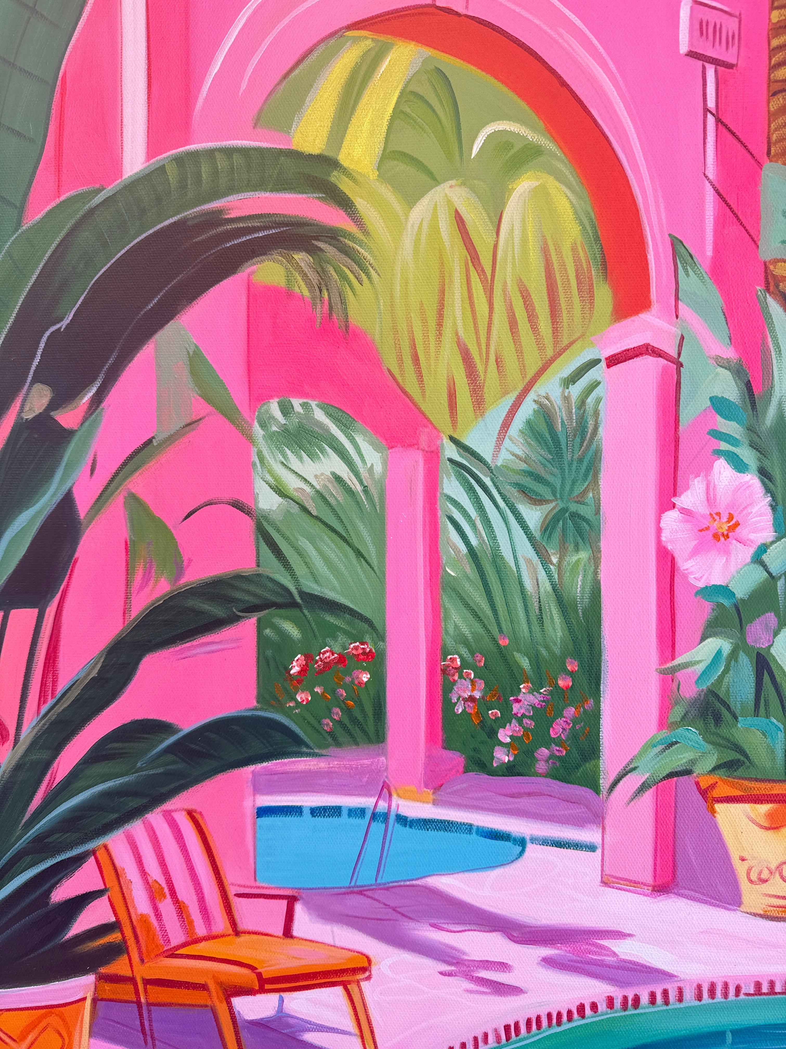 Oase zwischen zwei Seelen - Zeitgenössische Architektur Pool Haus Ölgemälde im Angebot 1