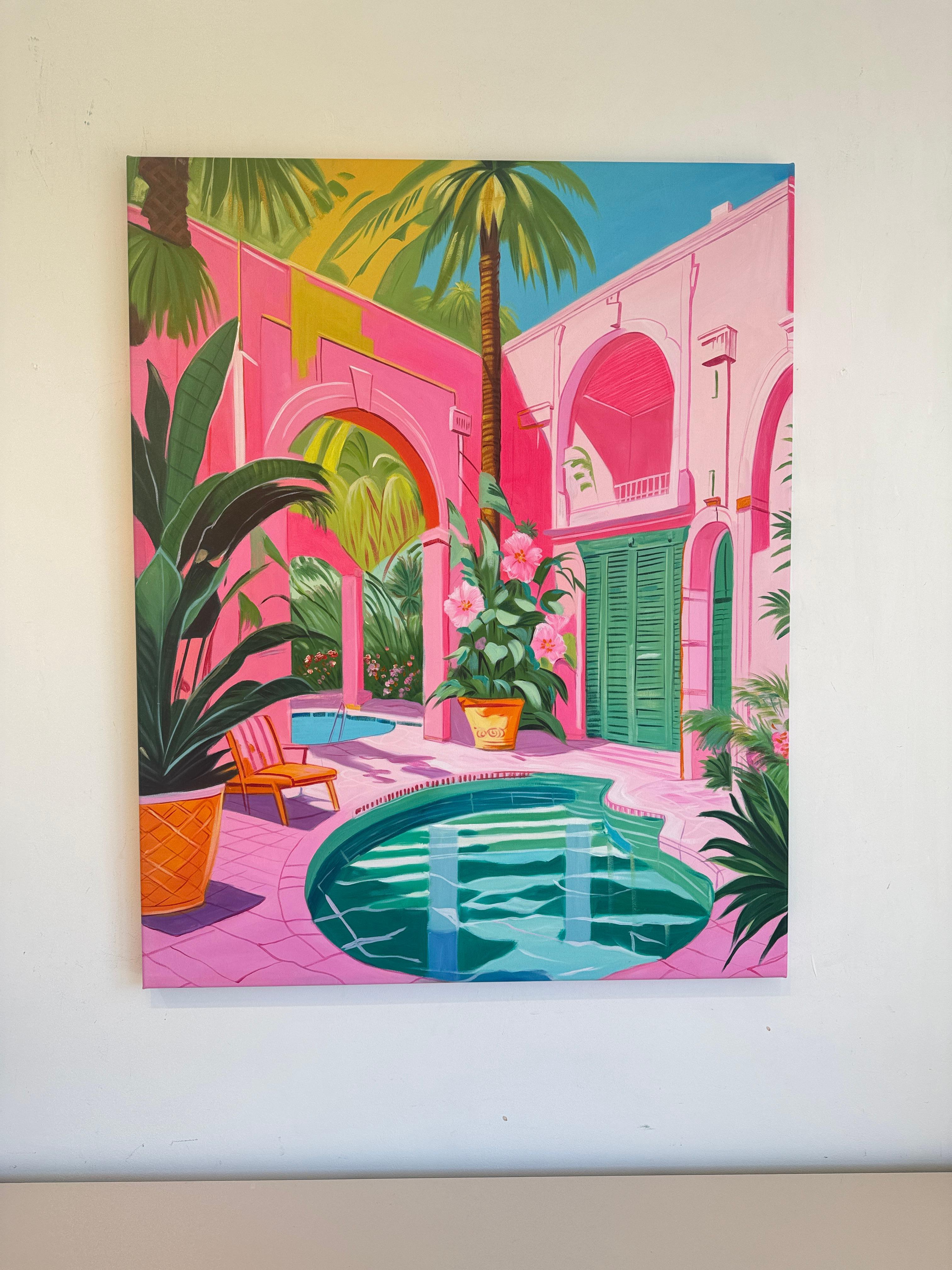 Oase zwischen zwei Seelen - Zeitgenössische Architektur Pool Haus Ölgemälde im Angebot 2