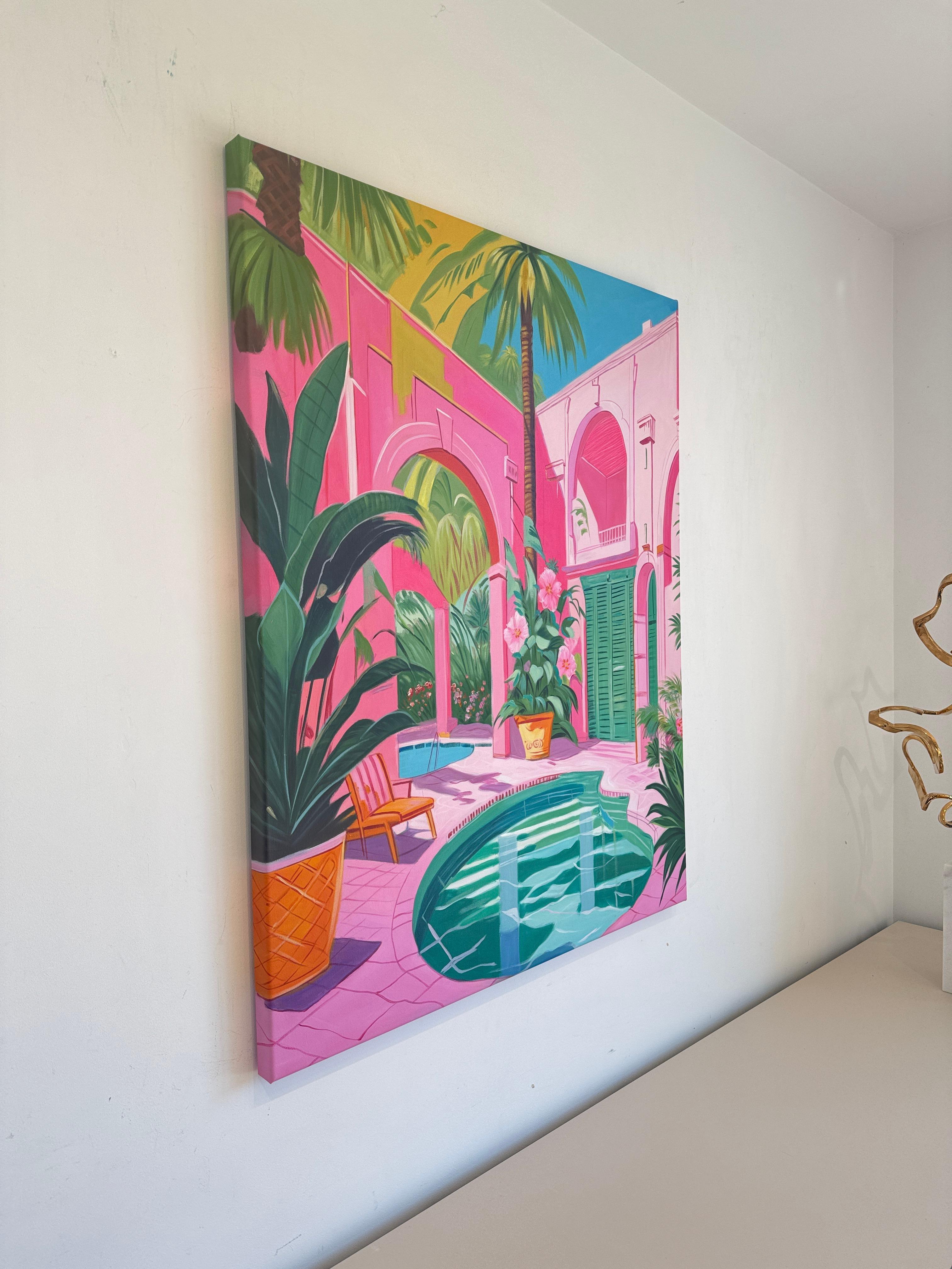 Oase zwischen zwei Seelen - Zeitgenössische Architektur Pool Haus Ölgemälde im Angebot 4