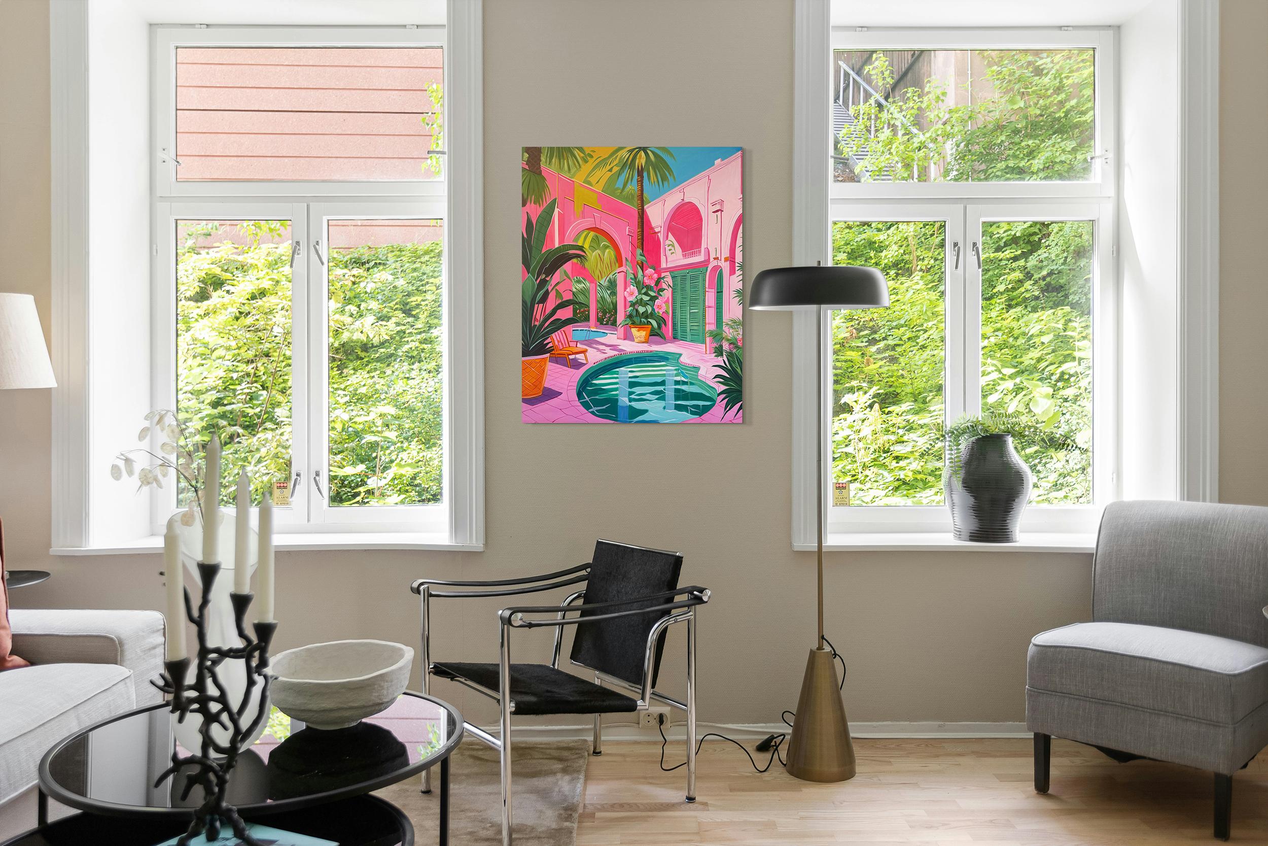 Oase zwischen zwei Seelen - Zeitgenössische Architektur Pool Haus Ölgemälde im Angebot 5