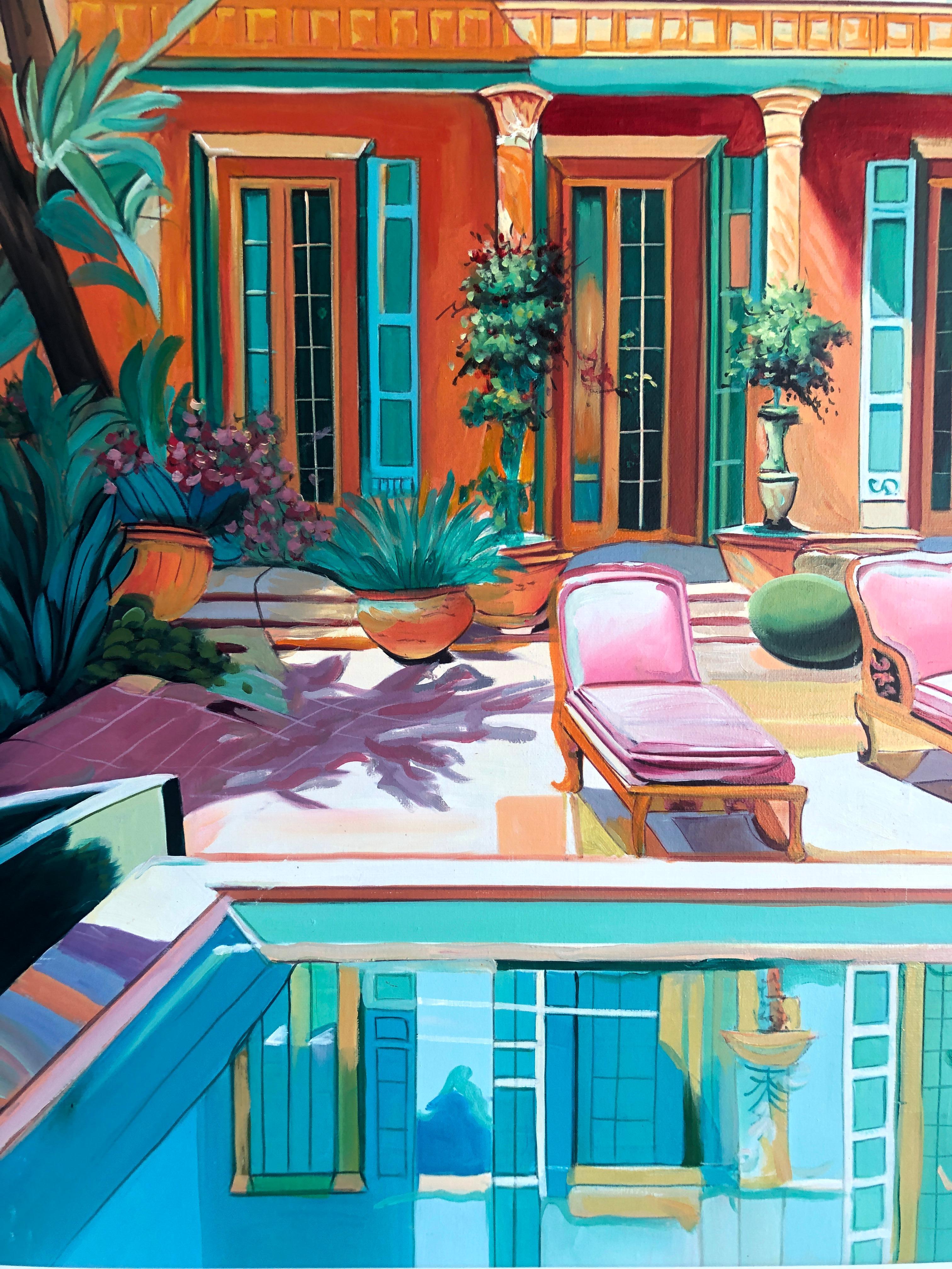Oasis of Whispering Walls - Zeitgenössische Architektur Pool House Ölgemälde im Angebot 5