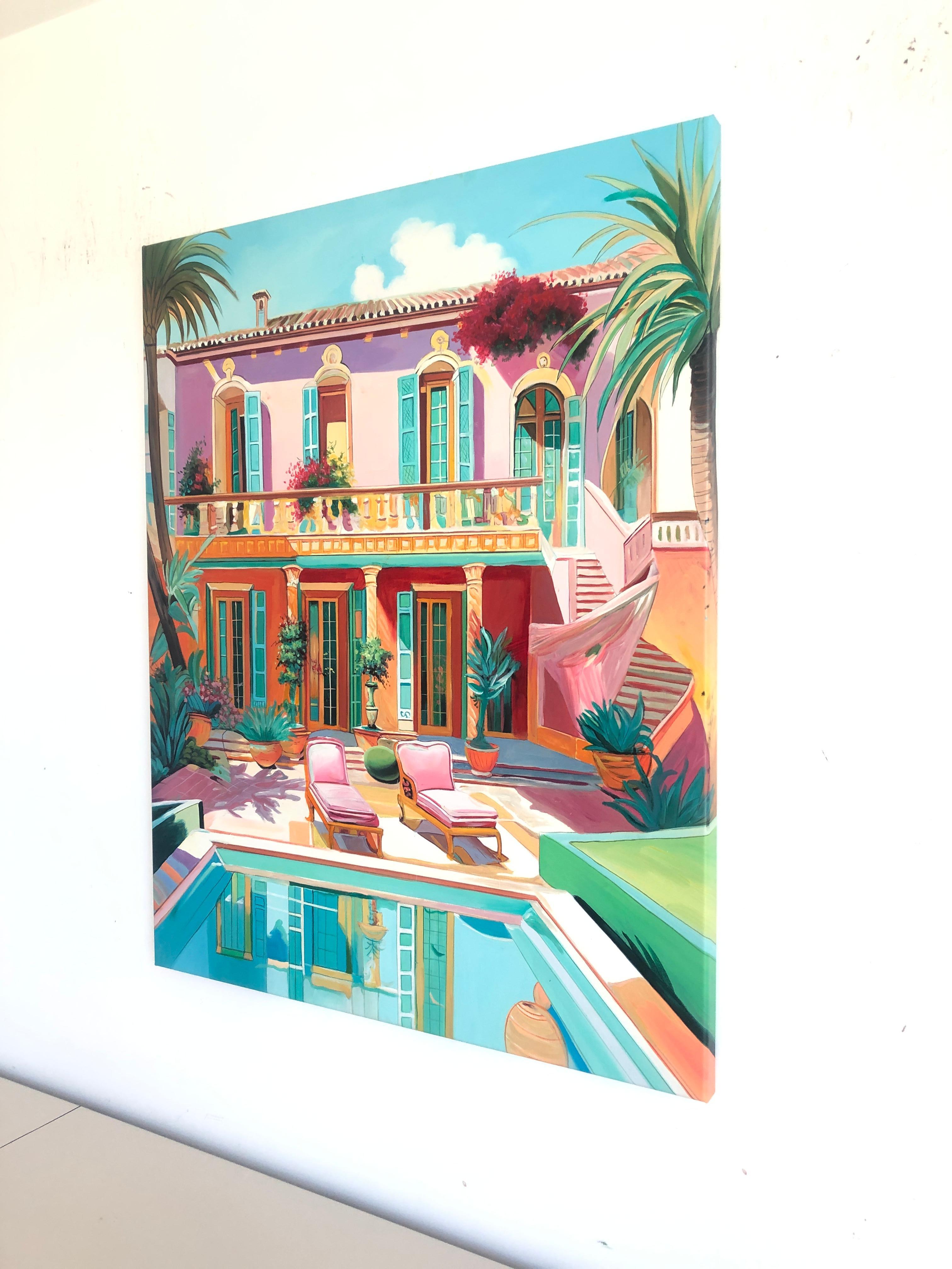 Oasis of Whispering Walls - Zeitgenössische Architektur Pool House Ölgemälde im Angebot 6