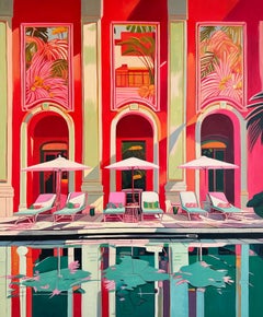 Our Love and liquid Shadows - Contemporary Architecture Pool House Oil Painting