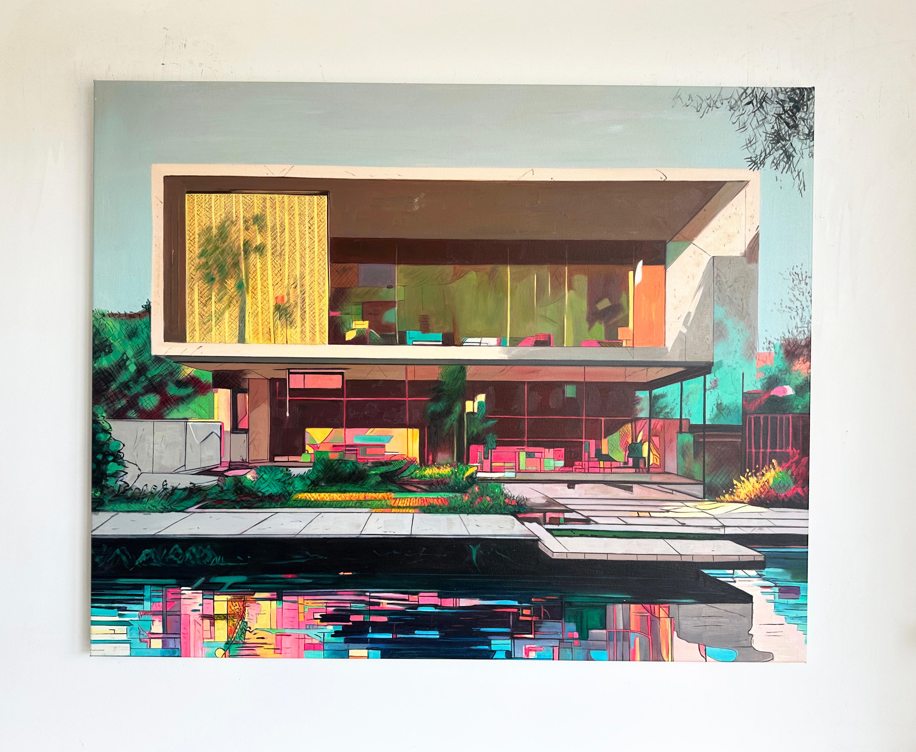 So much to share of us yet - Contemporary Architecture Oil Painting - Beige Abstract Painting by Lilly Muth