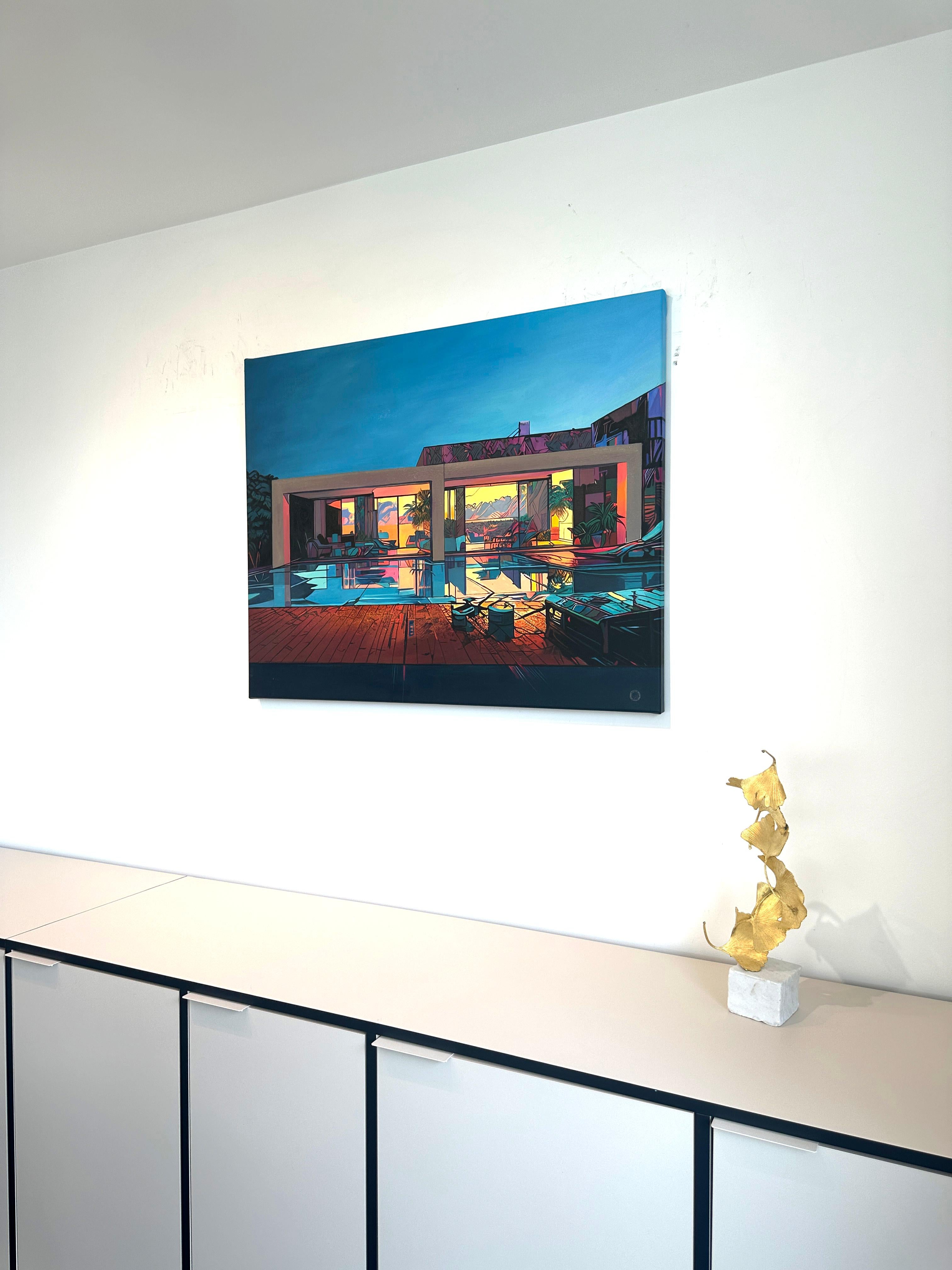 Sunset Symphony by Lilly Muth - Contemporary Architecture Villa Oil Painting For Sale 10