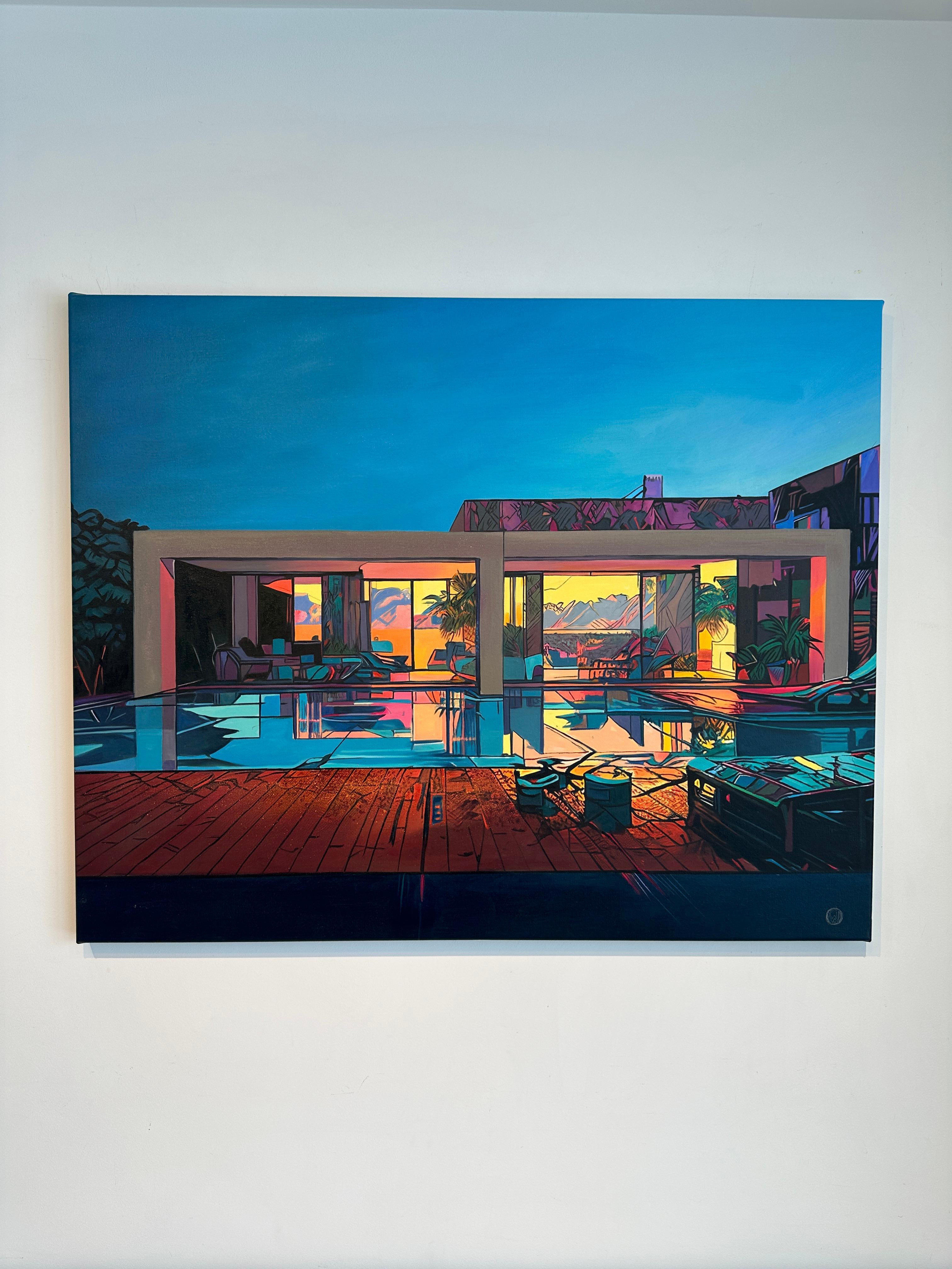 Sunset Symphony by Lilly Muth - Contemporary Architecture Villa Oil Painting For Sale 11