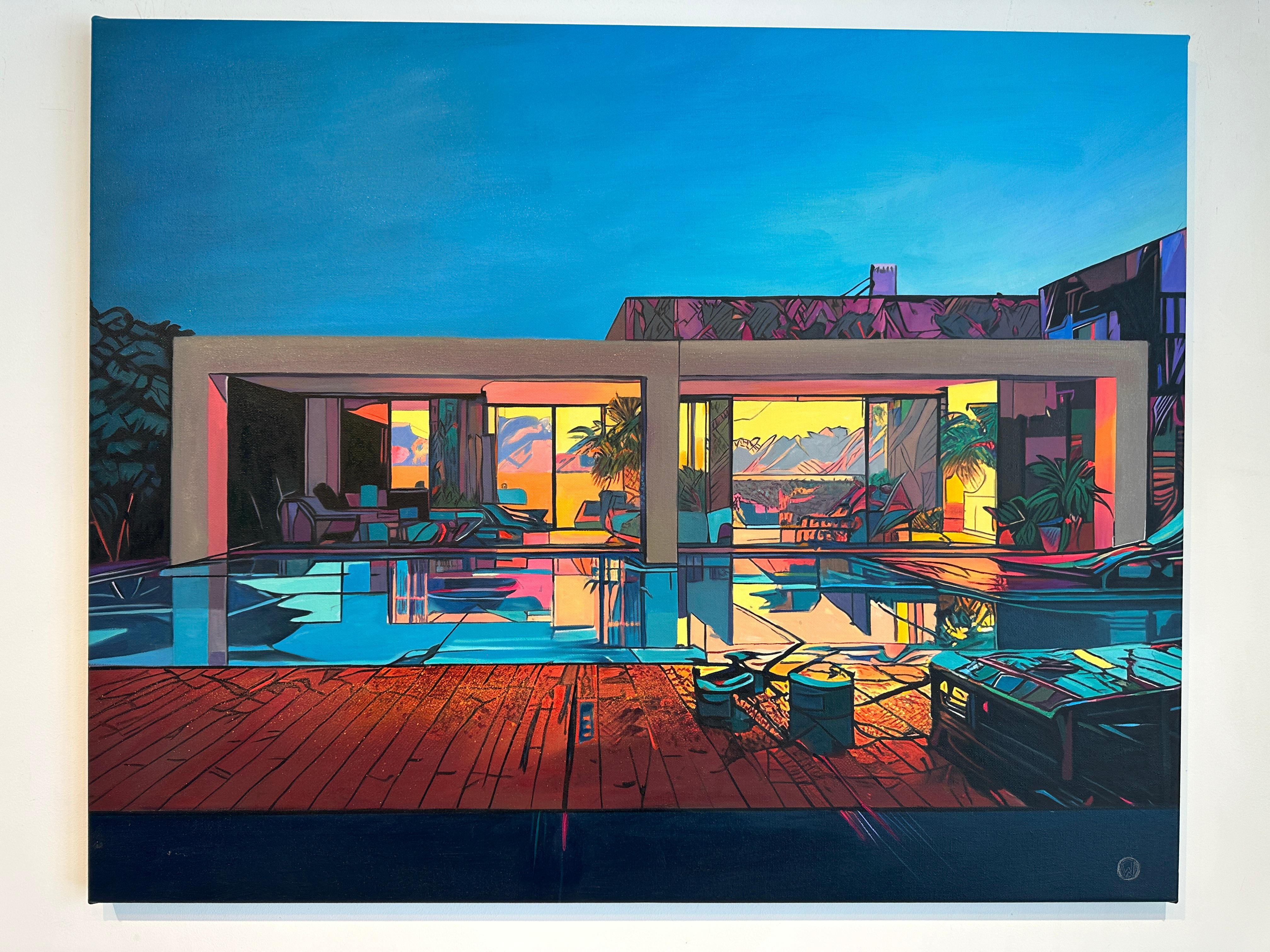 Sunset Symphony by Lilly Muth - Contemporary Architecture Villa Oil Painting For Sale 1
